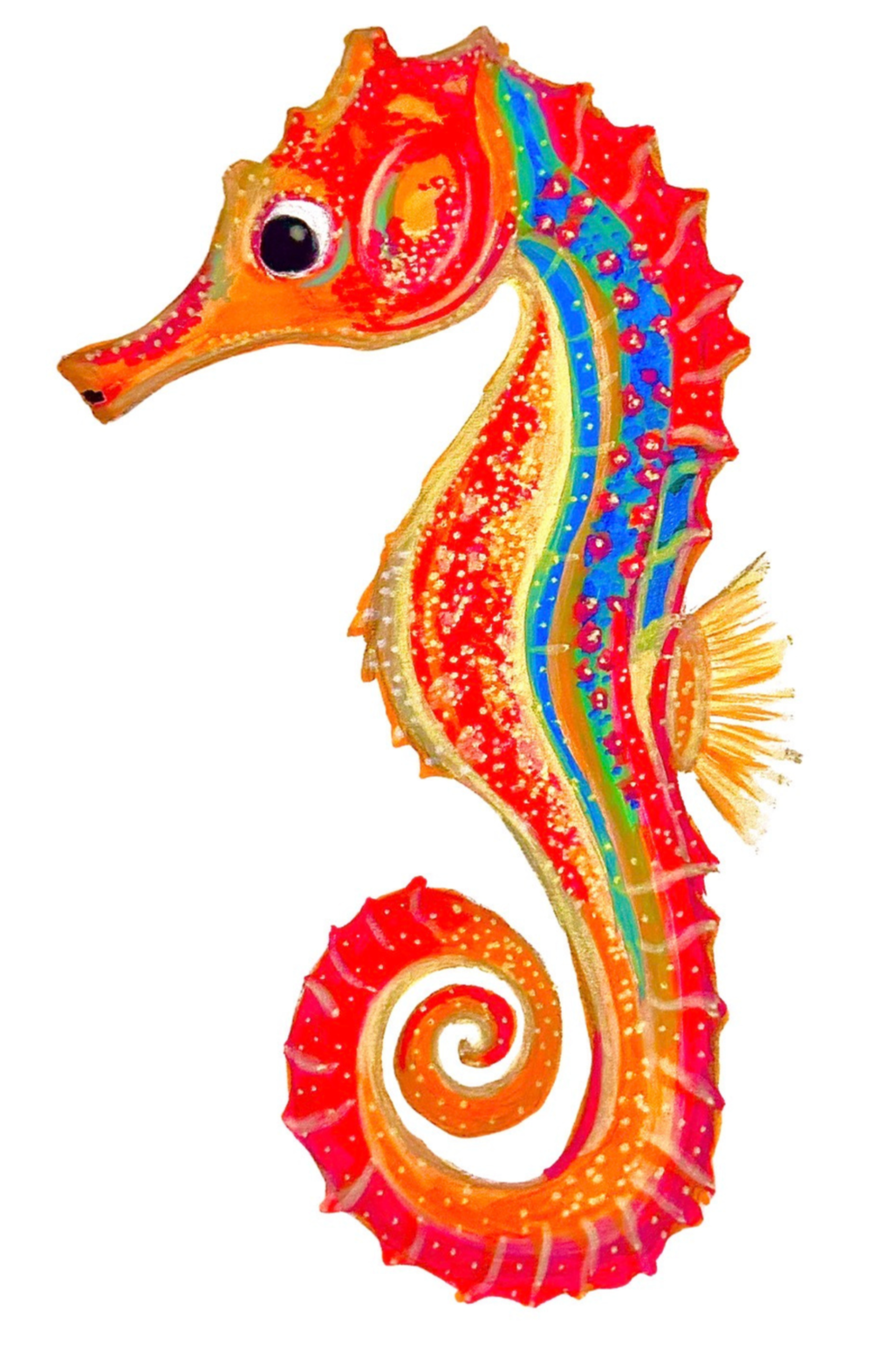 Colorful painted seahorse with rainbow accents and detailed patterns on a white background.