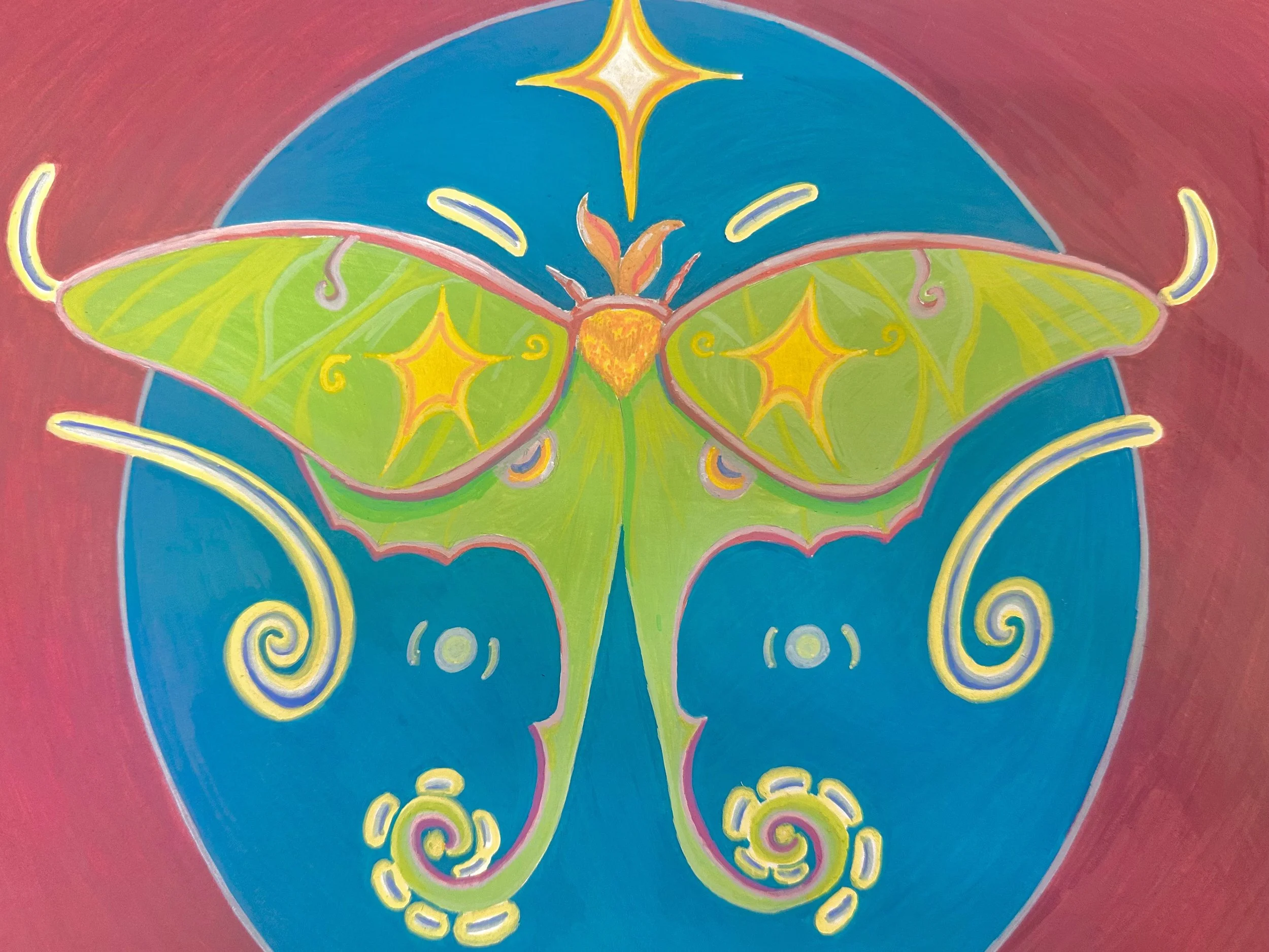 Colorful abstract painting of a butterfly with green wings and yellow accents on a pink and blue background.