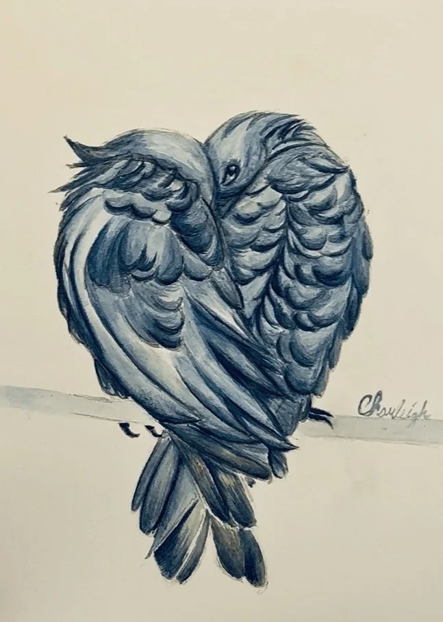A sketch of a heart-shaped bird with detailed feathers, sitting on a branch against a light background.