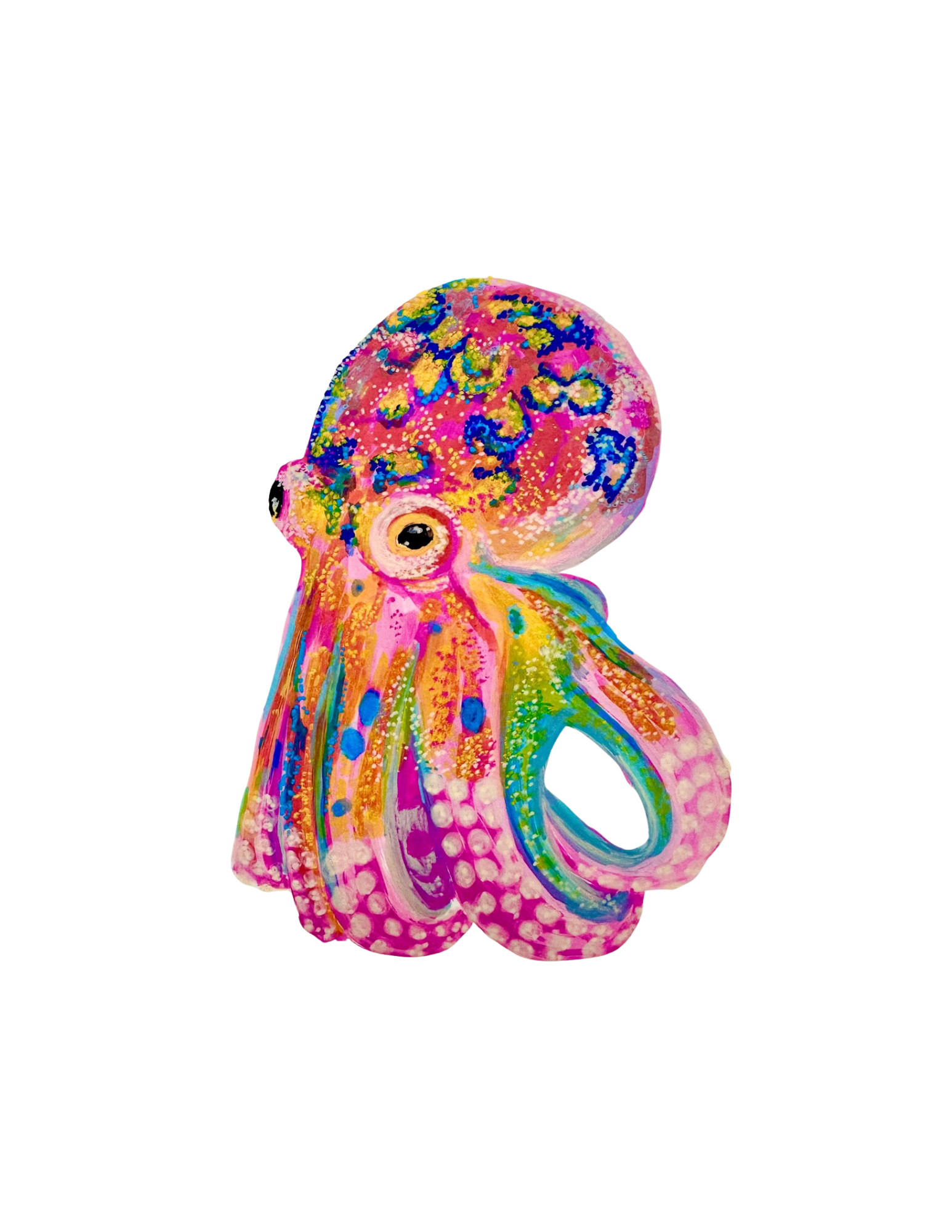 Colorful watercolor painting of a psychedelic octopus with large eyes, vibrant colors, and detailed patterns, set against a white background.