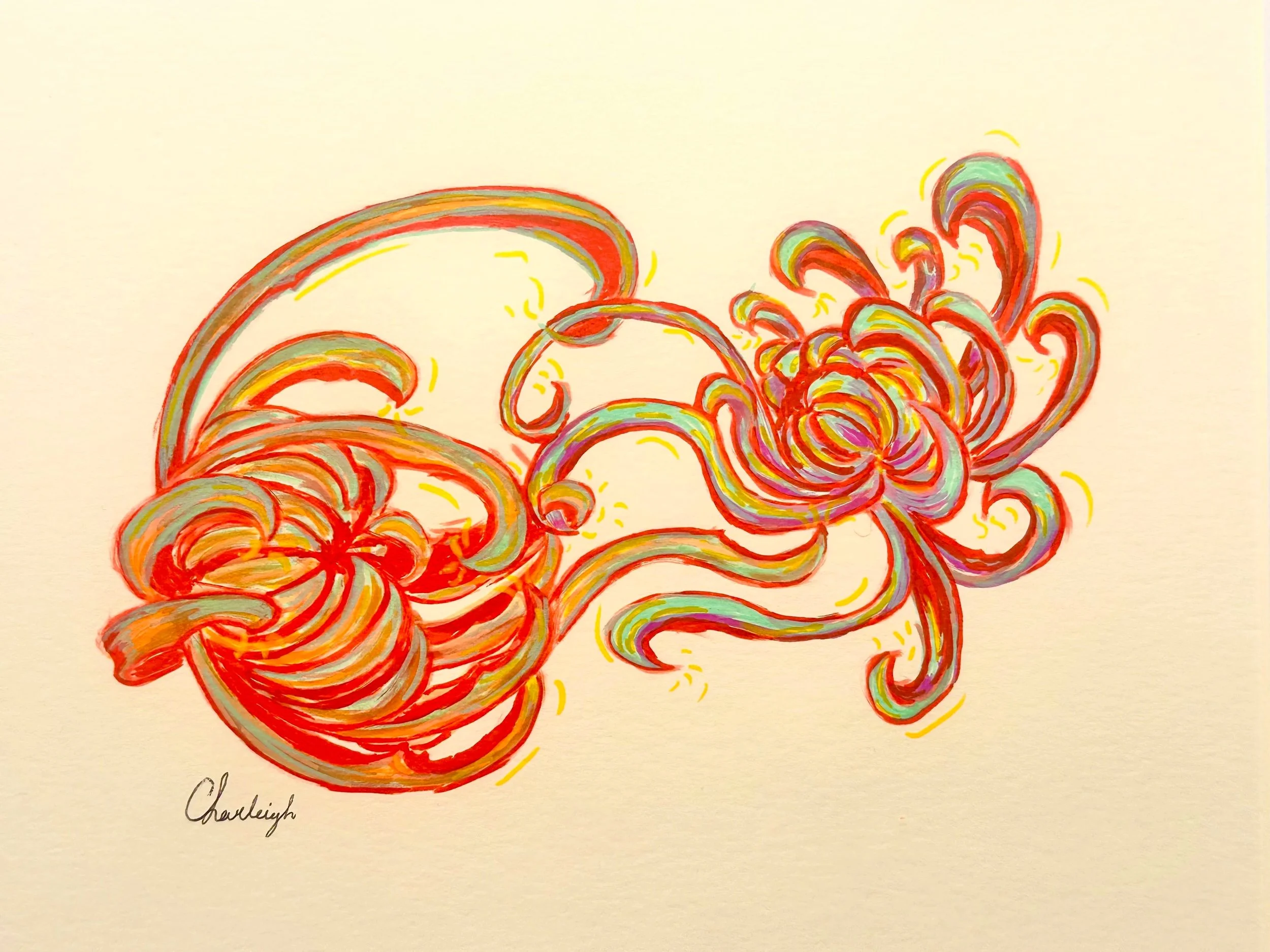 Multi-colored abstract flower design with red, orange, green, purple, and yellow strokes on a light background.