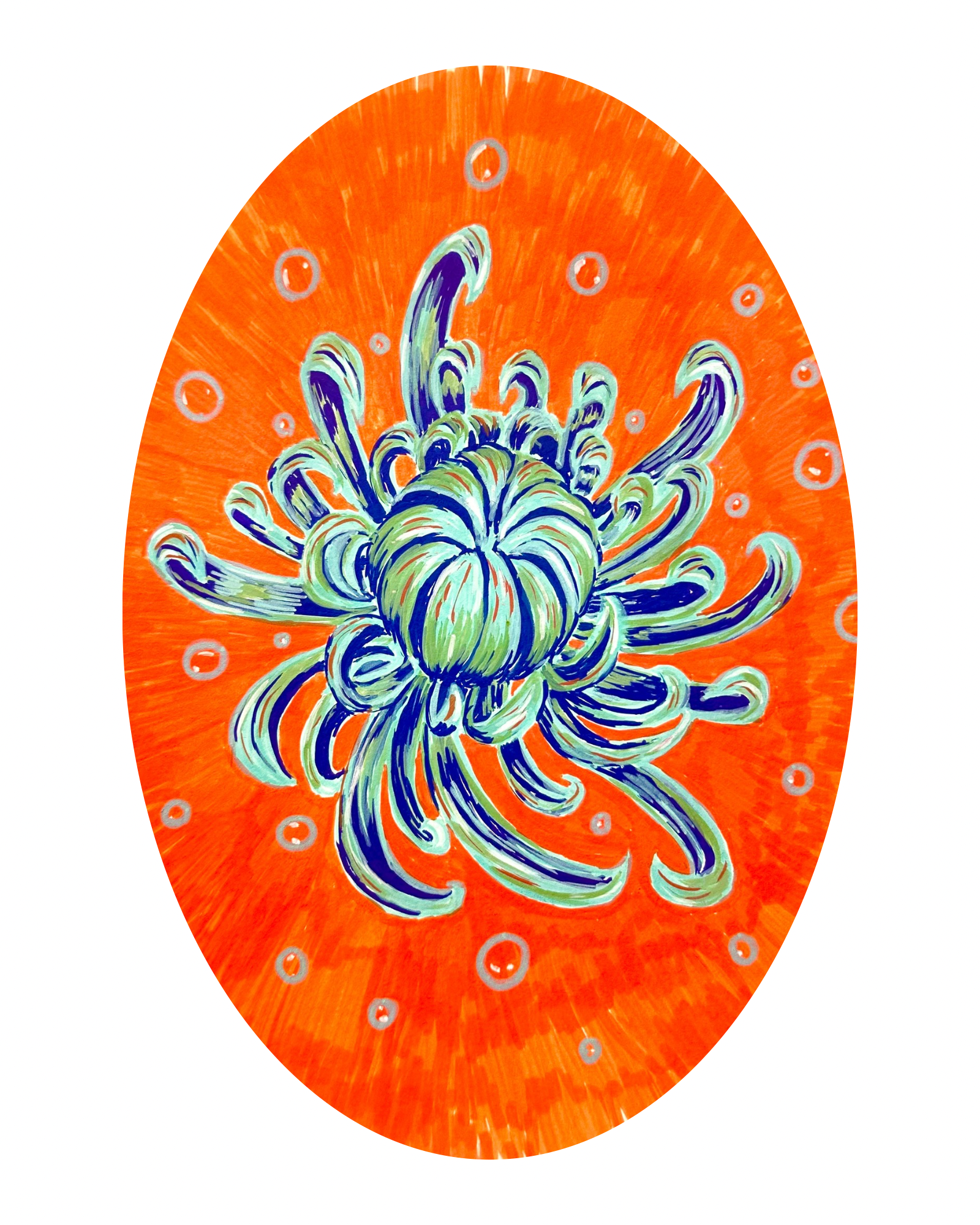 Abstract painting with a bright orange background and curly blue and green lines at the center, surrounded by small gray circles.
