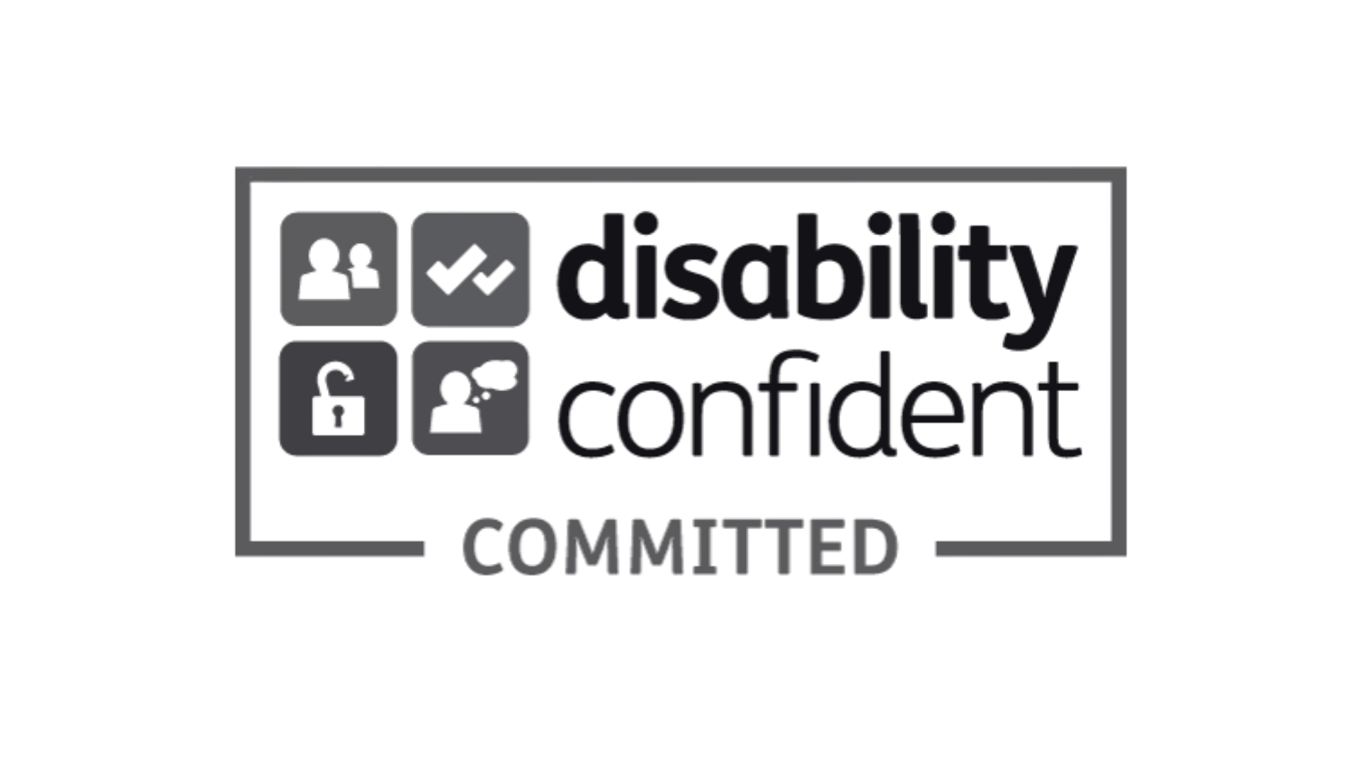 A sign with icons and text indicating disability confidence and a community, with a chat icon, a checkmark, a person with a briefcase, and a lock.