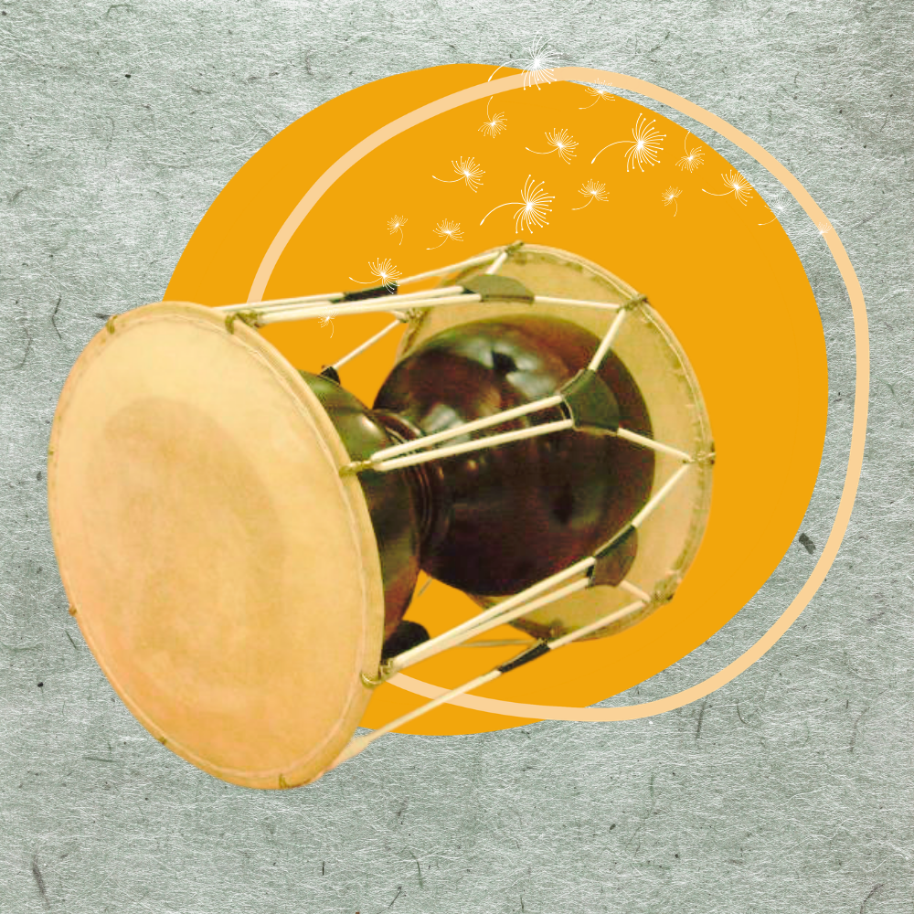 A traditional Chinese drum with a black body and beige drumheads, placed on a decorative background with an orange circle and white dandelion-like designs.