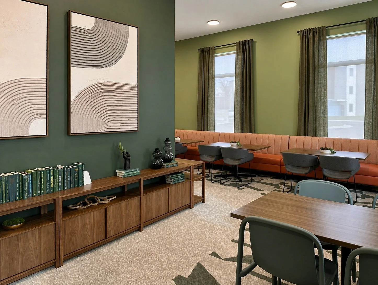 Interior of a modern dining or lounge area with green walls, orange banquette seating, gray chairs, wooden tables, large abstract artwork, and a wooden sideboard with books and decorative objects.