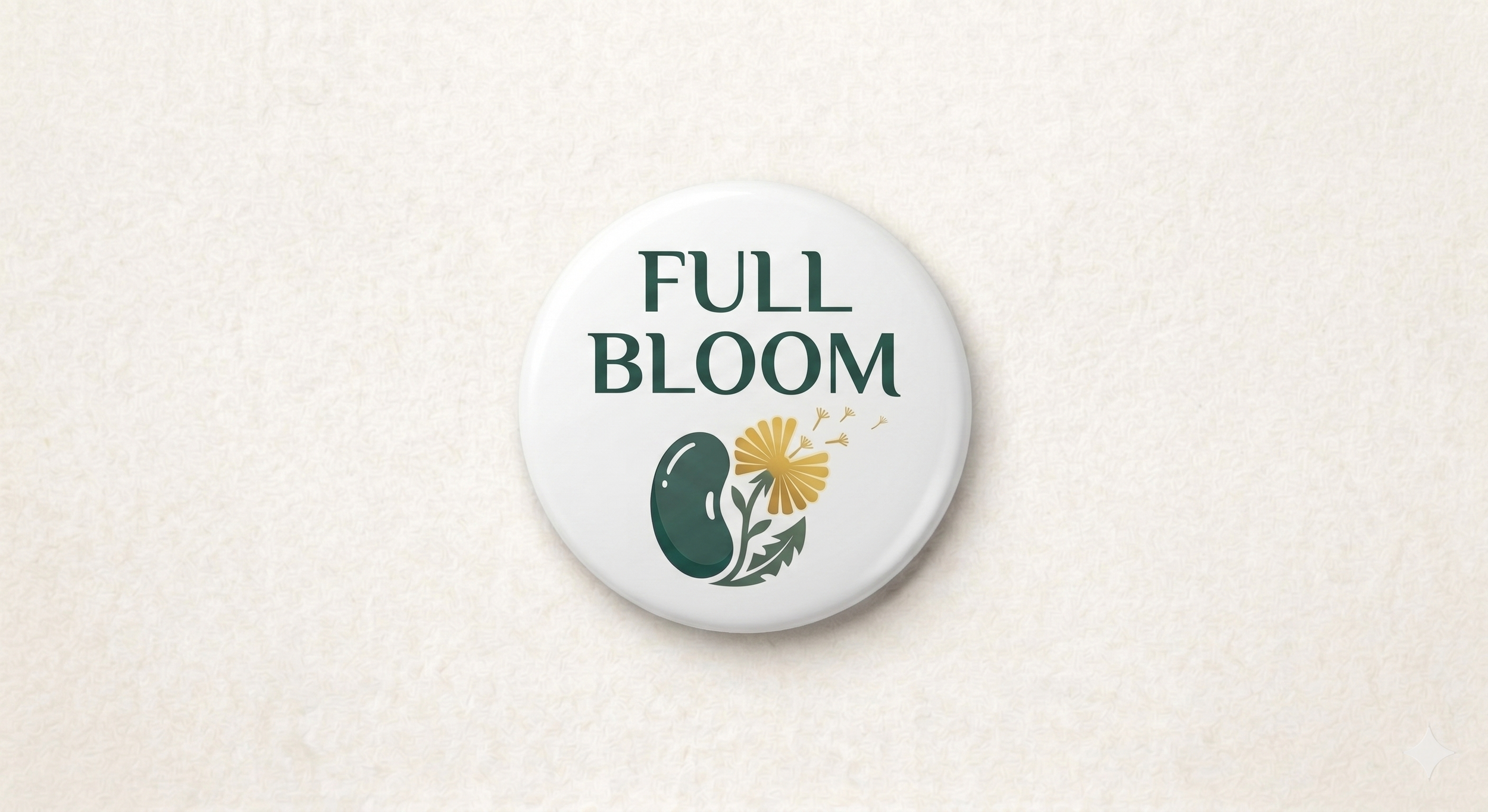 White circular badge with the words 'Full Bloom' and a stylized flower illustration on a light background.