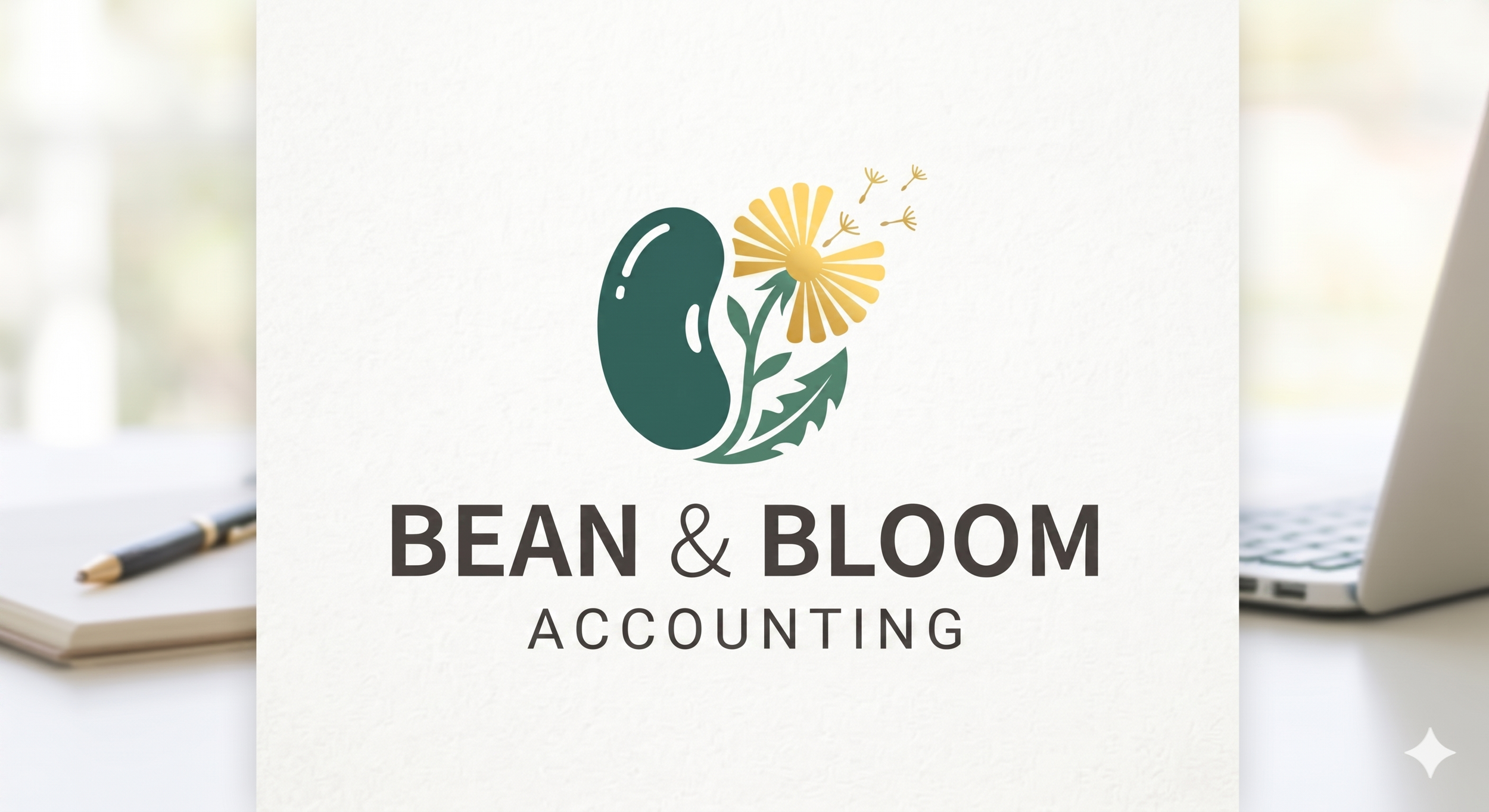 Logo with a bean and a yellow flower with green leaves, with the text 'Bean & Bloom Accounting' underneath.