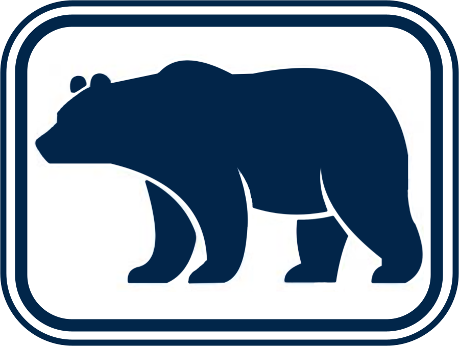 Silhouette of a bear inside a square, white background, dark blue border.