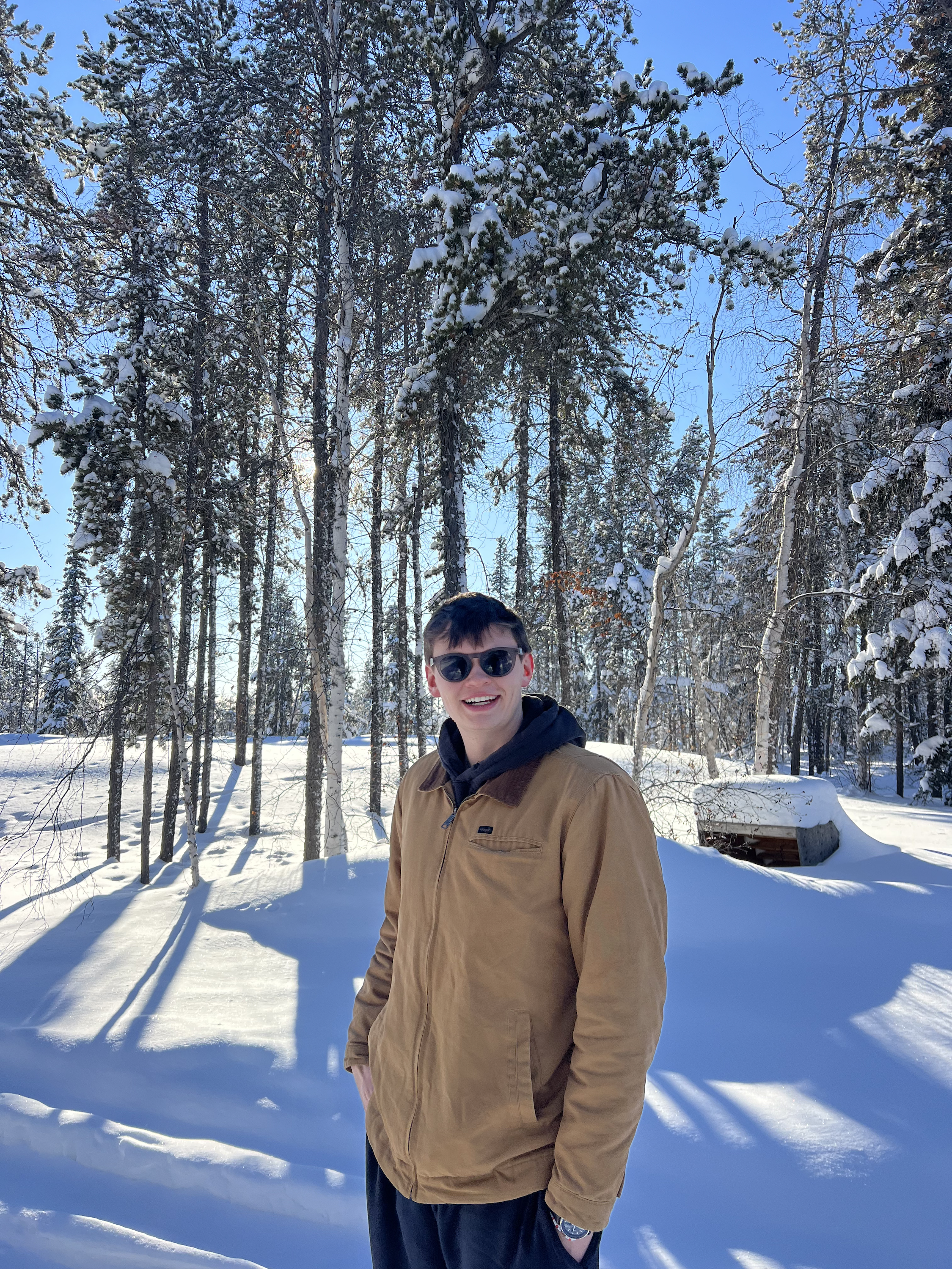 A young man wearing sunglasses, a tan jacket, and black pants standing in a snowy forest with bare trees and evergreen trees covered in snow, under a clear blue sky.