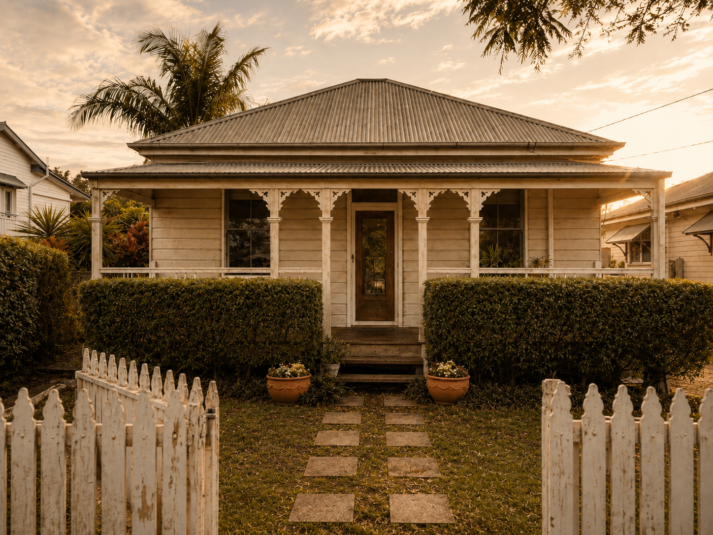 Heritage cottage with ornate verandah trim, clipped front hedges, central path and weathered white picket fence.