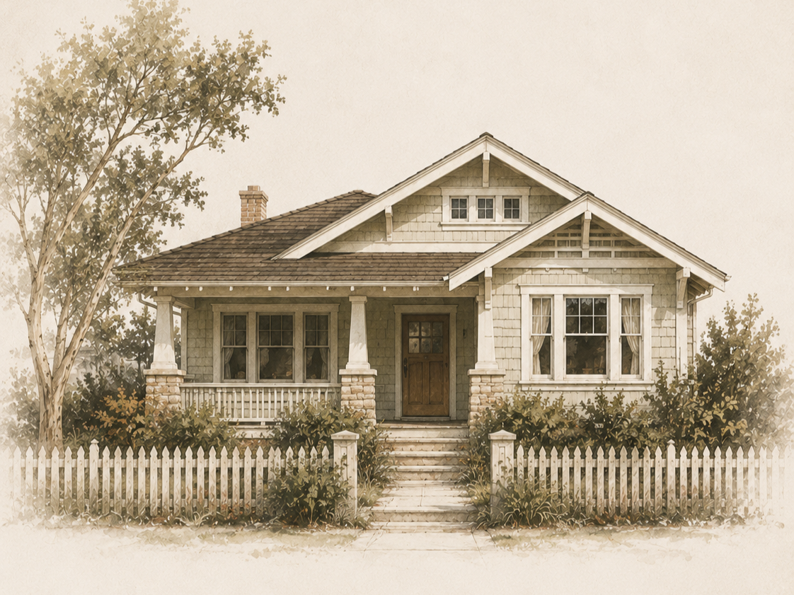 Illustrated Californian bungalow with front porch, picket fence and mature garden.