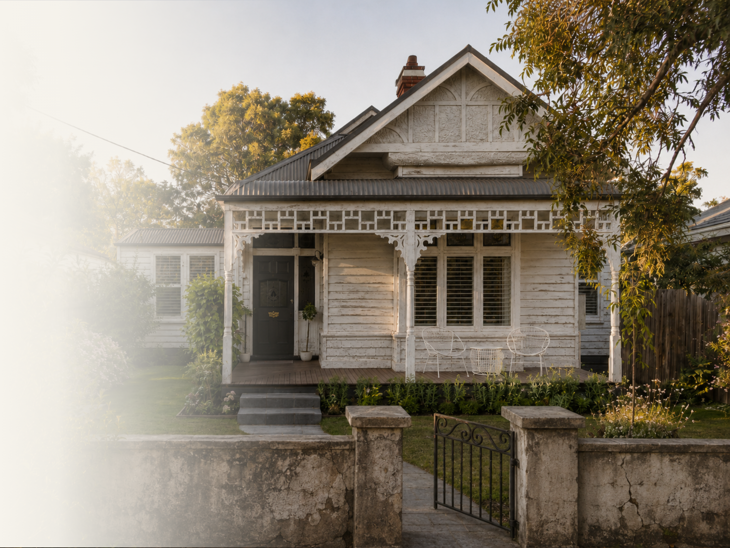 White weatherboard bungalow with front verandah, corrugated roof, low garden wall and established planting.