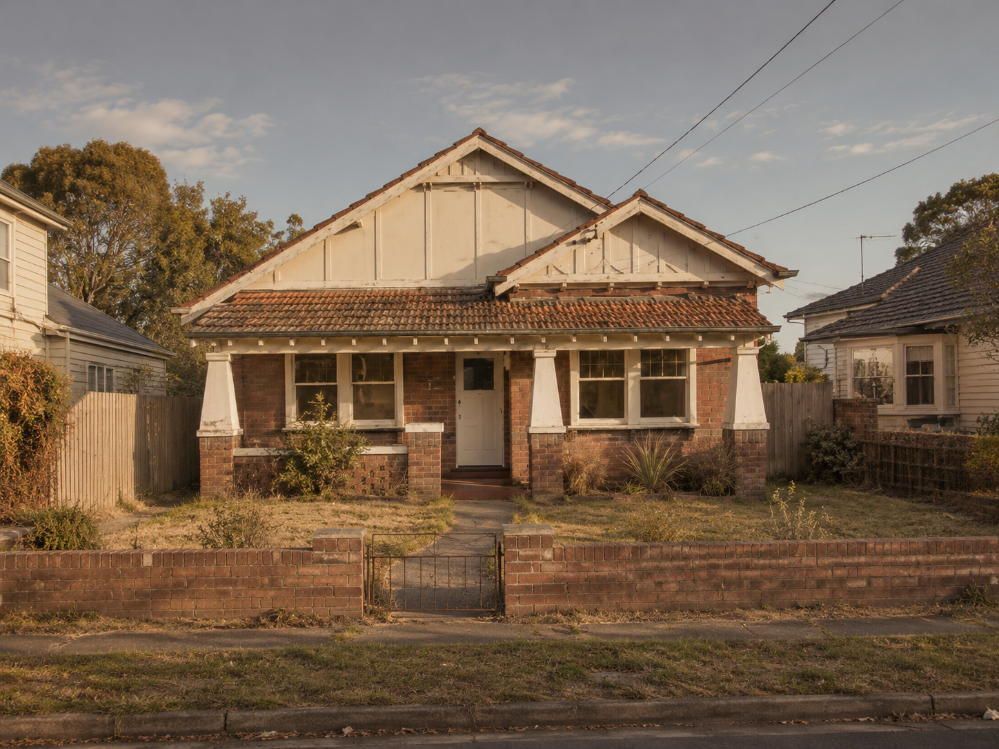 Brick Californian-style bungalow with cream gables, low brick front fence, central path and dry garden.