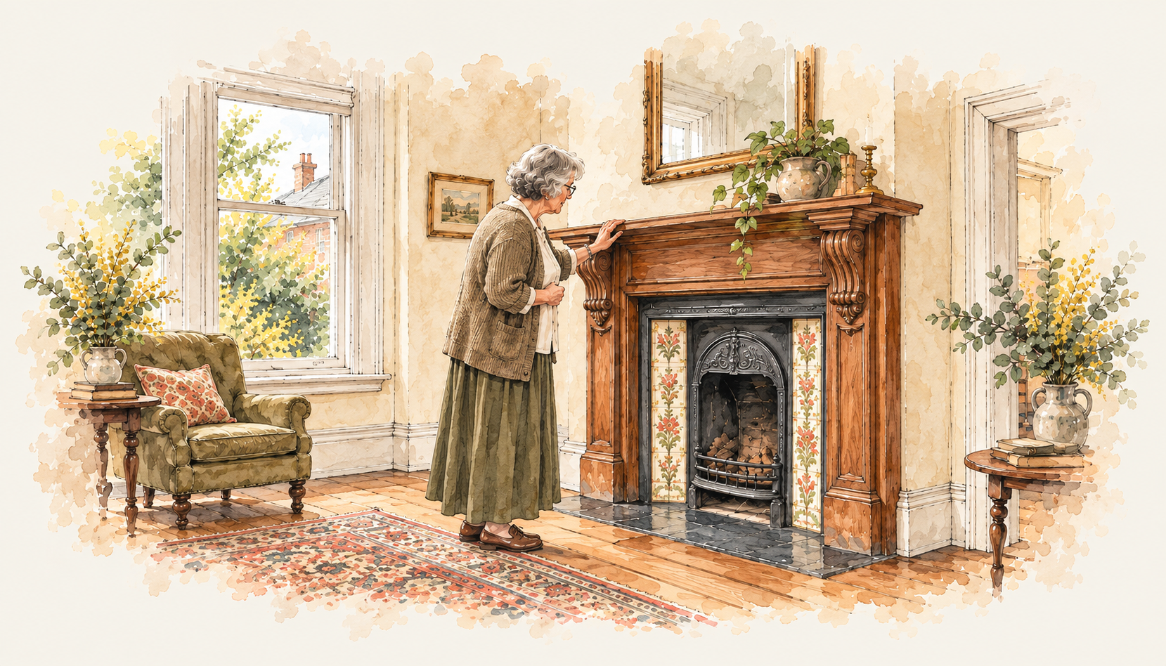 Watercolour illustration of a buyer examining an original timber and tiled fireplace in an older character home.