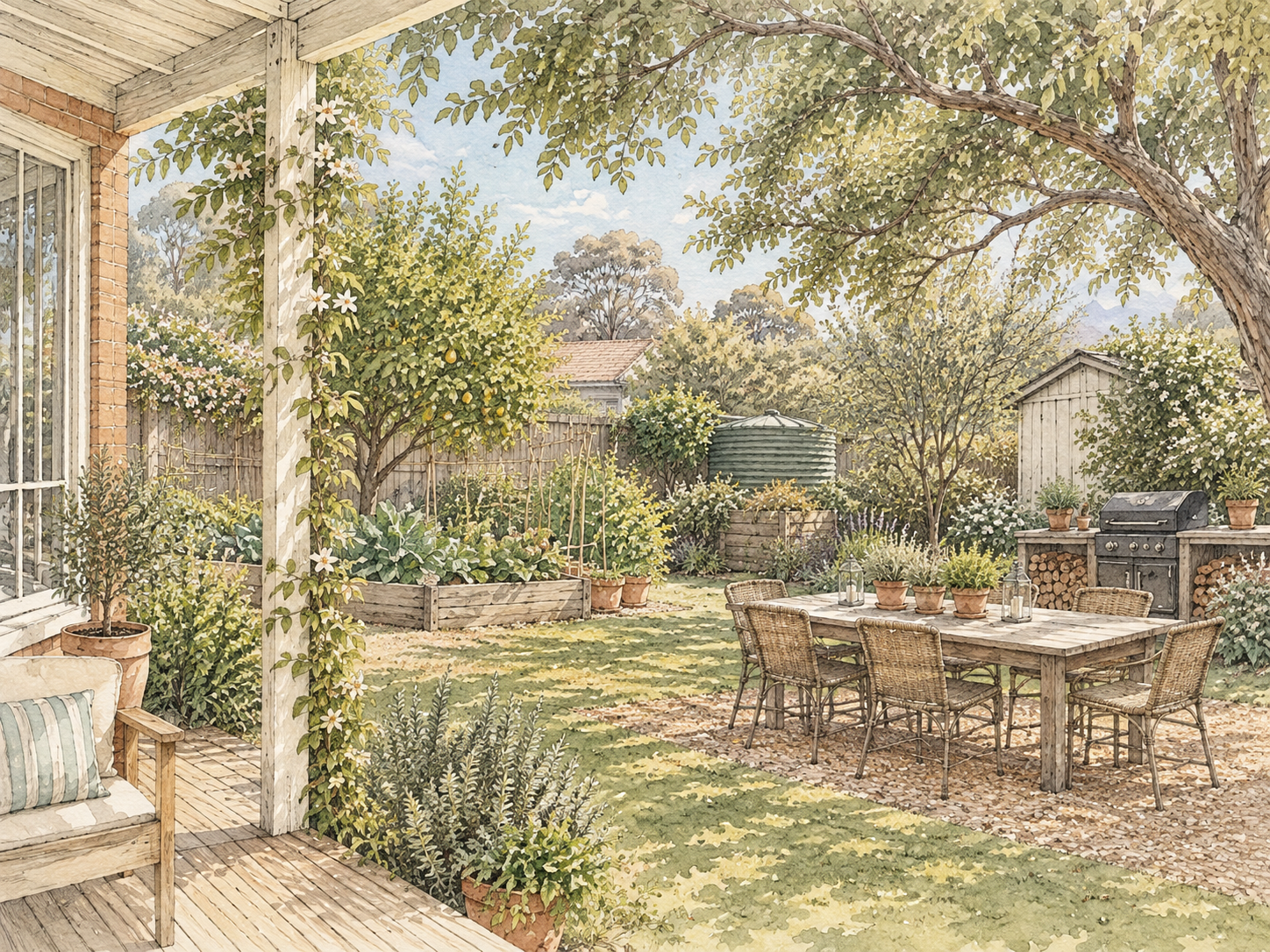 Watercolour illustration of an Australian suburban backyard with vegetable beds, a rainwater tank, mature shade tree, outdoor dining table, barbecue and established greenery.