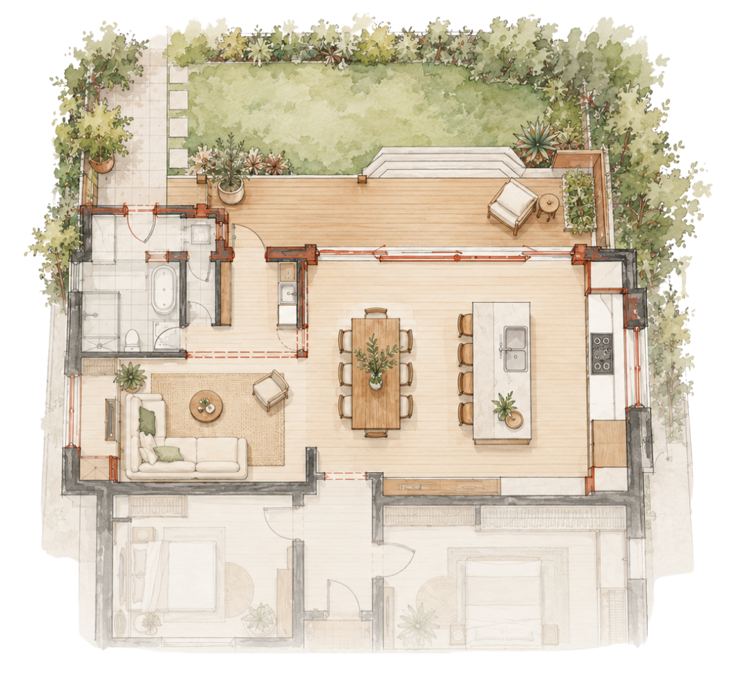Watercolour floor plan showing an opened-up kitchen, living and dining area with improved connection to the backyard.