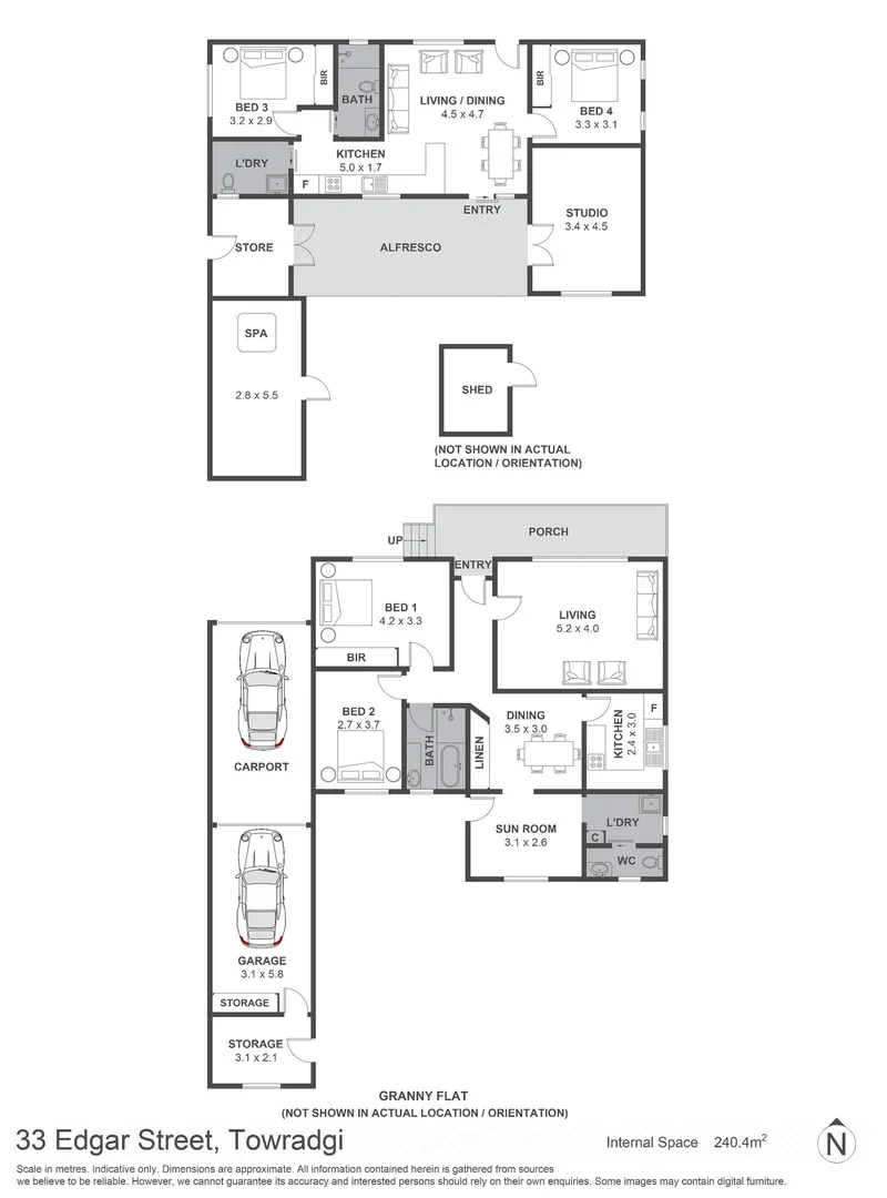 Floor plan of 33 Edgar Street, Towradgi showing the two-bedroom main house and separate two-bedroom secondary dwelling.