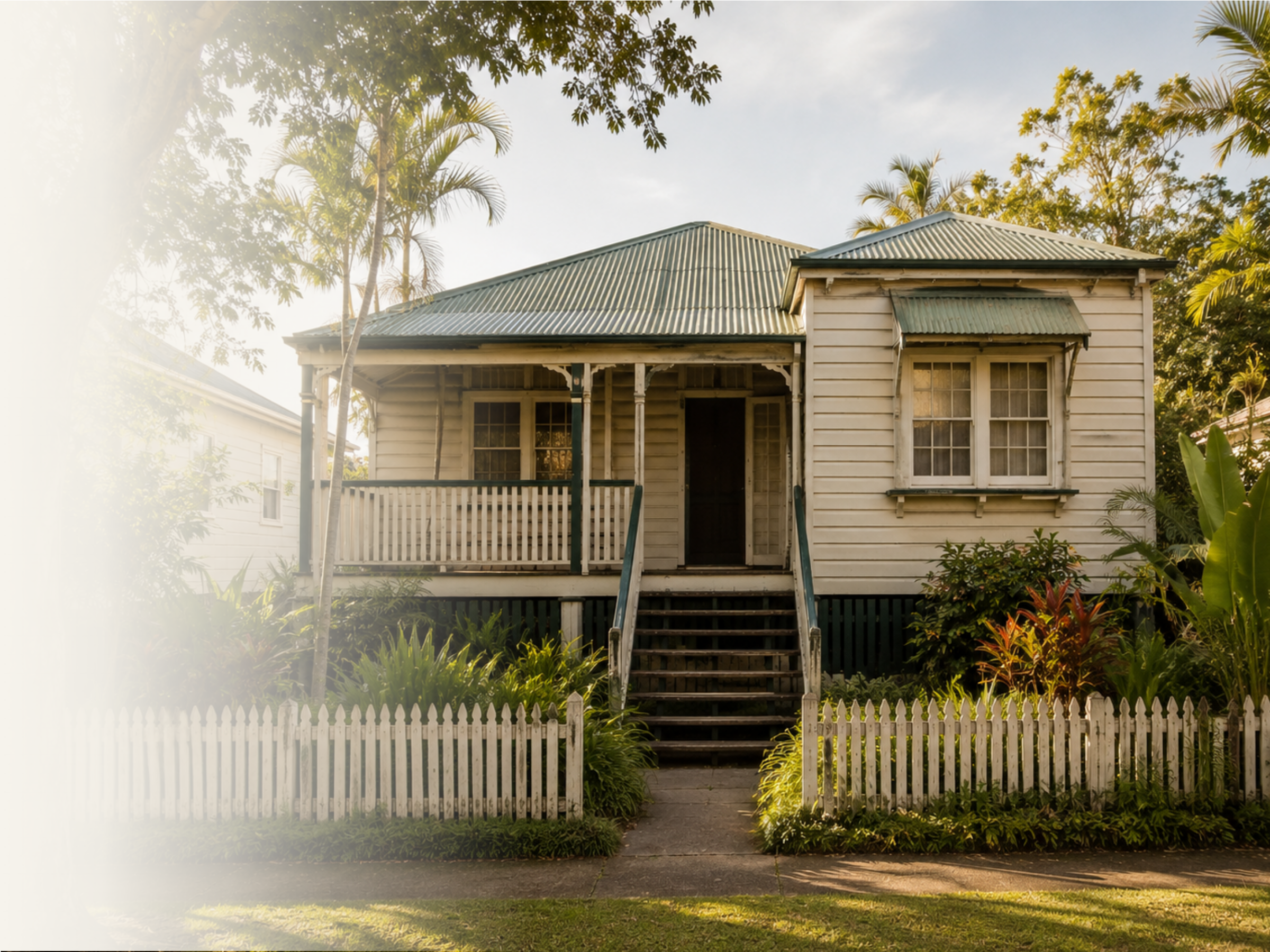 White weatherboard Queenslander with a front verandah and decorative timber fretwork.
