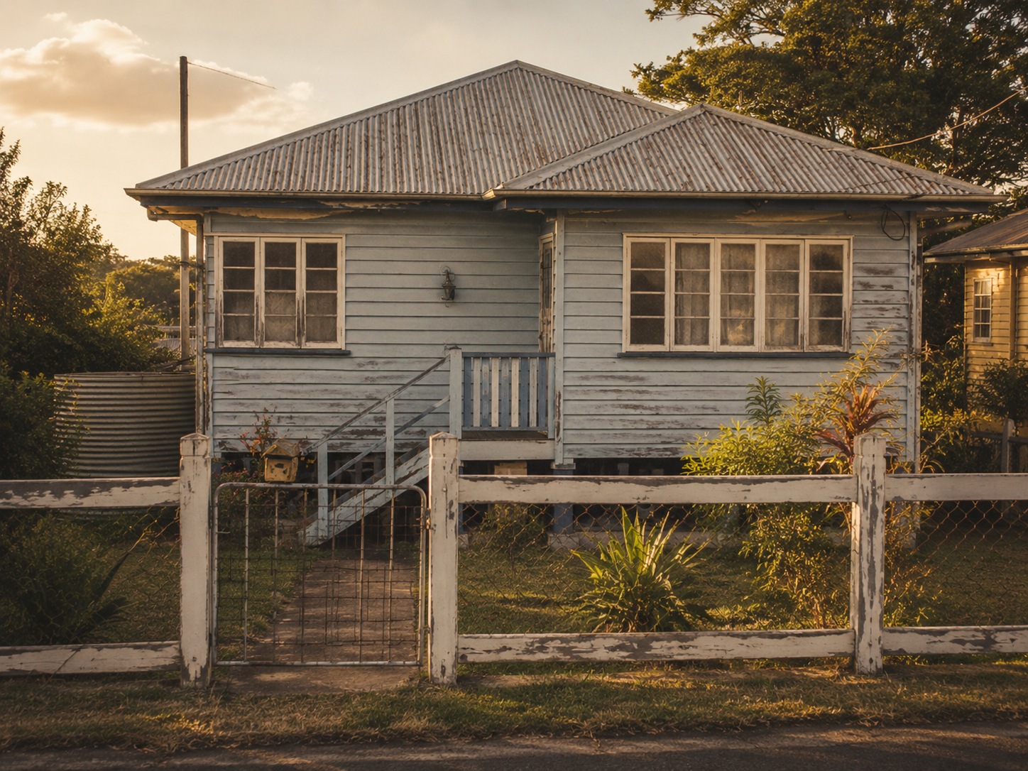 Blue-grey weatherboard cottage with corrugated roof, front gate, wire fence, small entry stairs and overgrown garden planting.