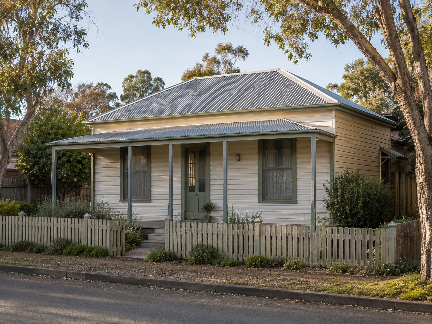 Federation-style bungalow with corrugated roof, bullnose verandah and olive green trim.