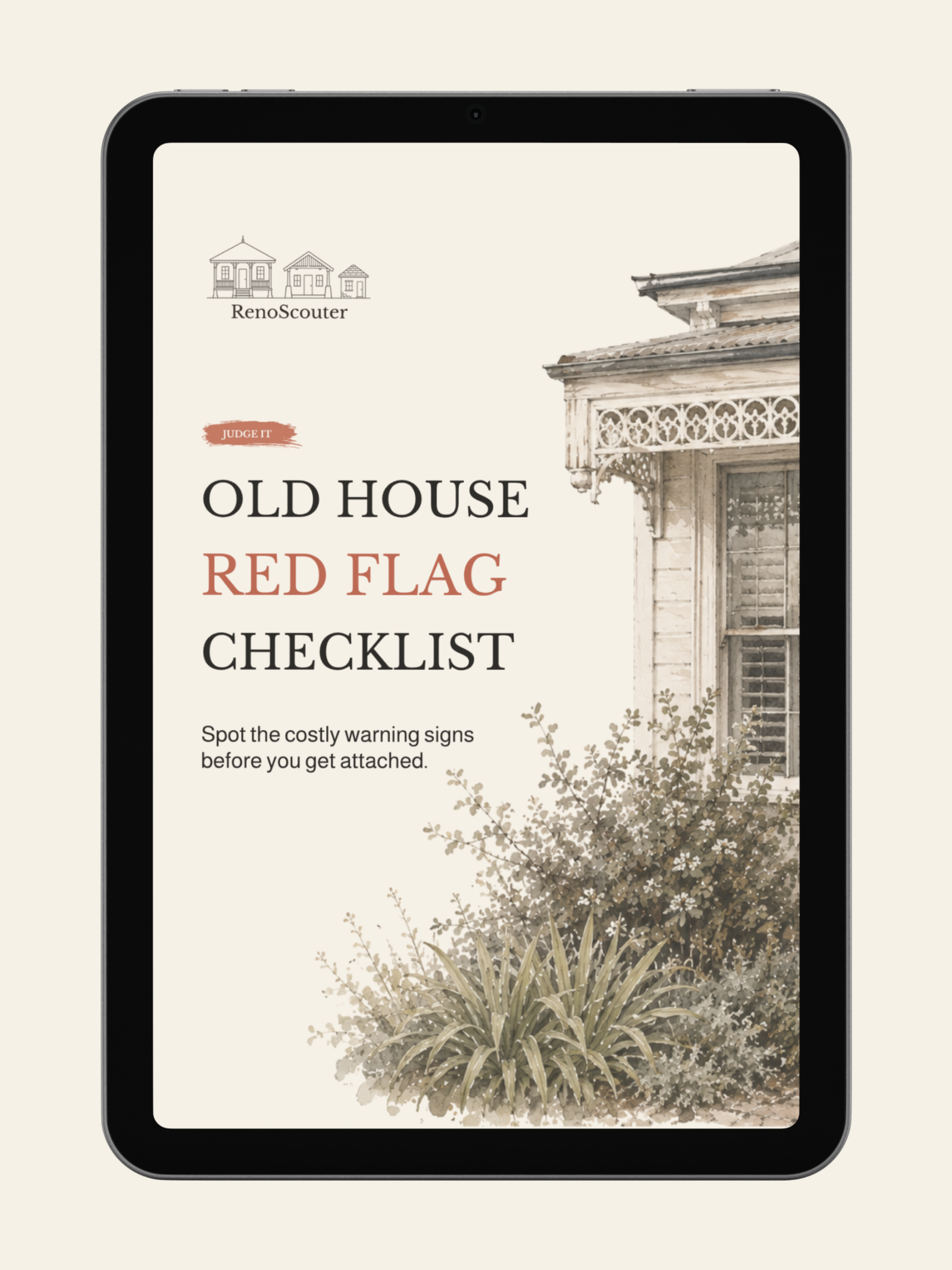 Tablet mockup displaying the RenoScouter Old House Red Flag Checklist cover, with the illustrated old house artwork and subtitle visible on the screen.