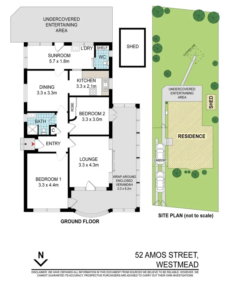 Floor plan of 52 Amos Street, Westmead showing two bedrooms, lounge, dining room, kitchen, sunroom, enclosed verandah and covered outdoor entertaining area.