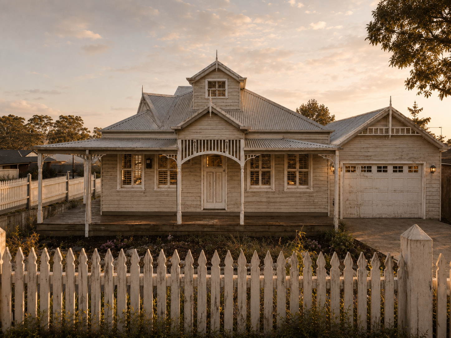 Victorian cottage with verandah lacework, corrugated roof and picket fence.