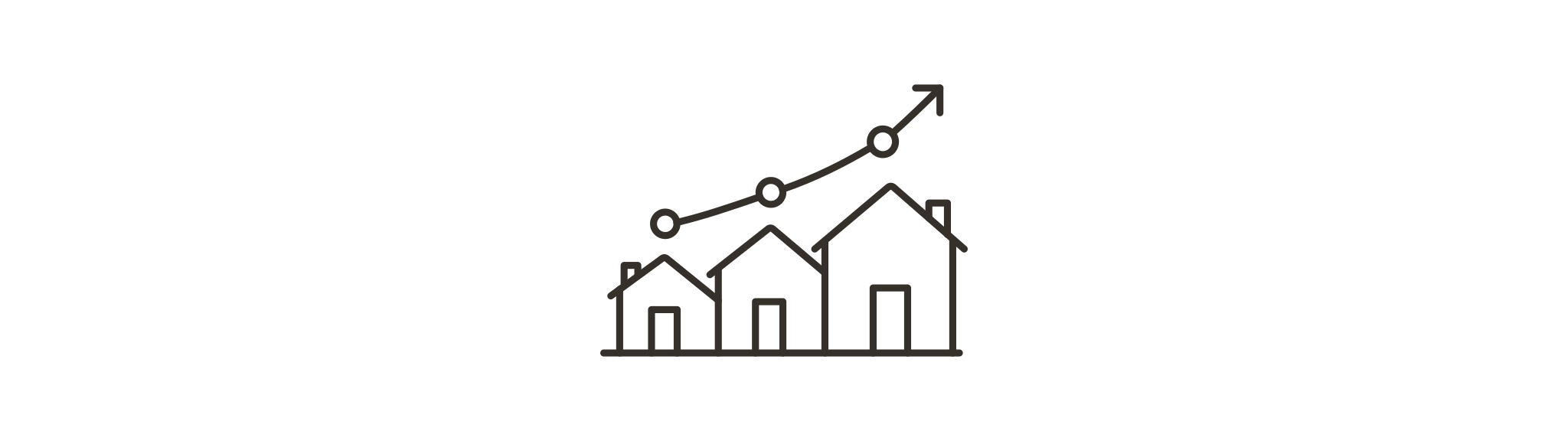 Three houses beneath a rising market trend line.