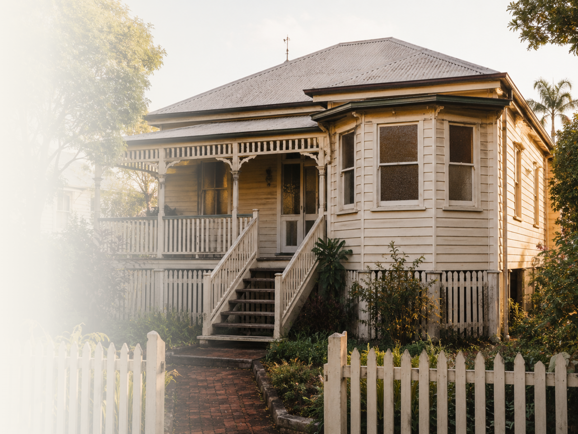 Weatherboard house with a projecting bay window, front steps and an established garden.