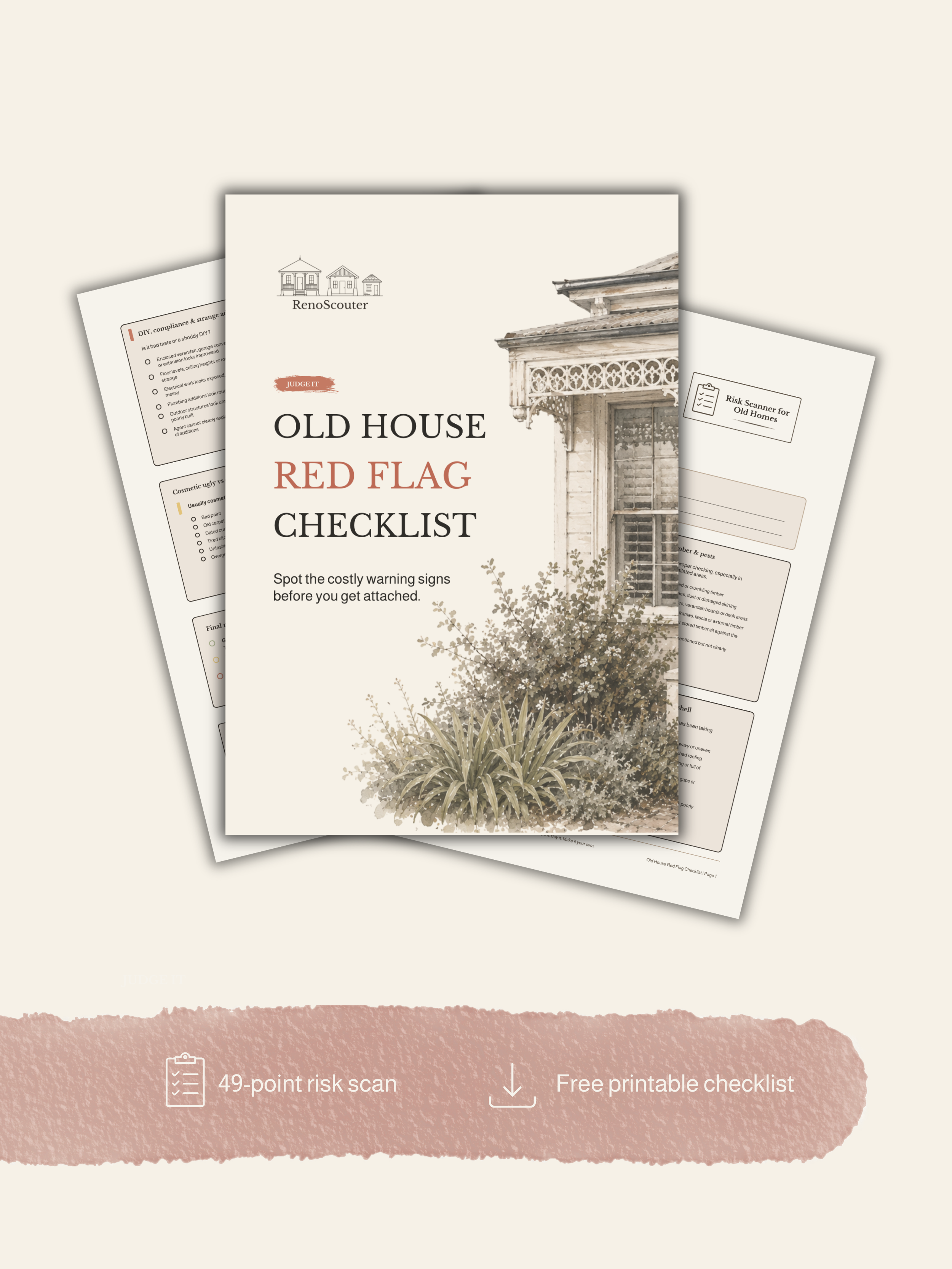 Stacked-page product preview for the RenoScouter Old House Red Flag Checklist, with the cover in front, checklist pages behind it, and callouts for a 49-point risk scan and free printable checklist.