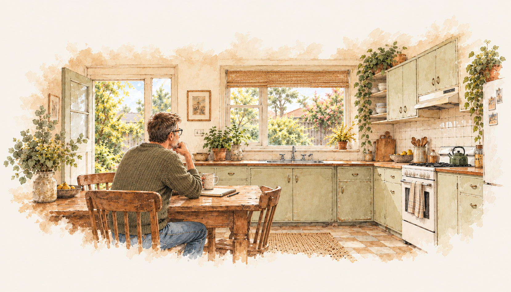 Watercolour illustration of a buyer sitting with coffee in a liveable but dated kitchen that could be improved gradually.