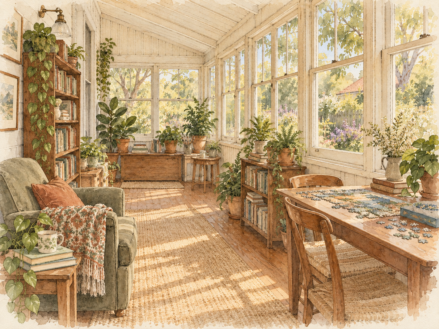 Watercolour illustration of a sunlit Australian sunroom with bookshelves, an armchair, a jigsaw puzzle and potted plants overlooking a leafy garden.