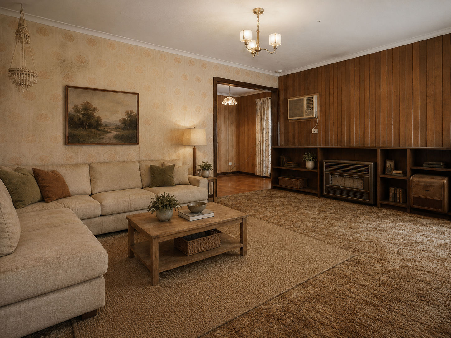 Living room with timber wall panelling, fireplace, sofa, carpet and adjoining hallway.