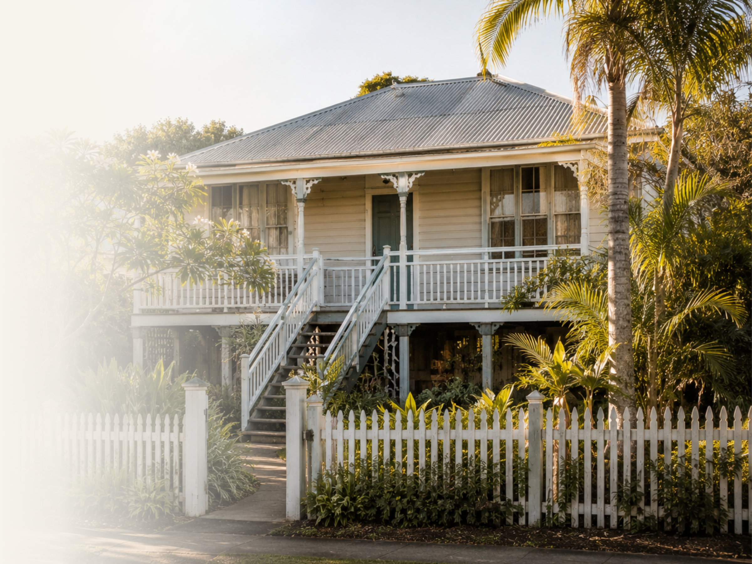 Raised weatherboard house with a front verandah, white picket fence and palm trees.