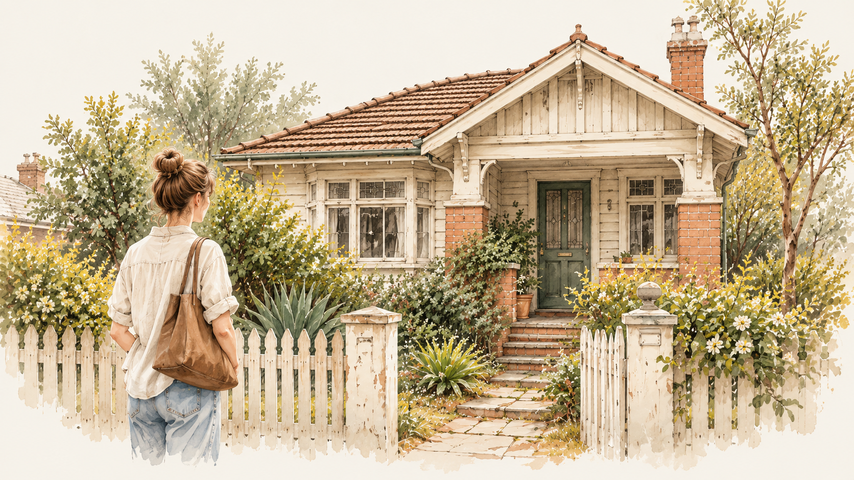 Watercolour illustration of a buyer considering an older Australian bungalow with an overgrown front garden and picket fence.