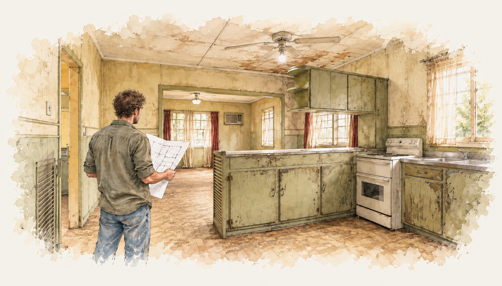Watercolour illustration of a buyer studying a floor plan inside a dated older kitchen with worn finishes and renovation potential.