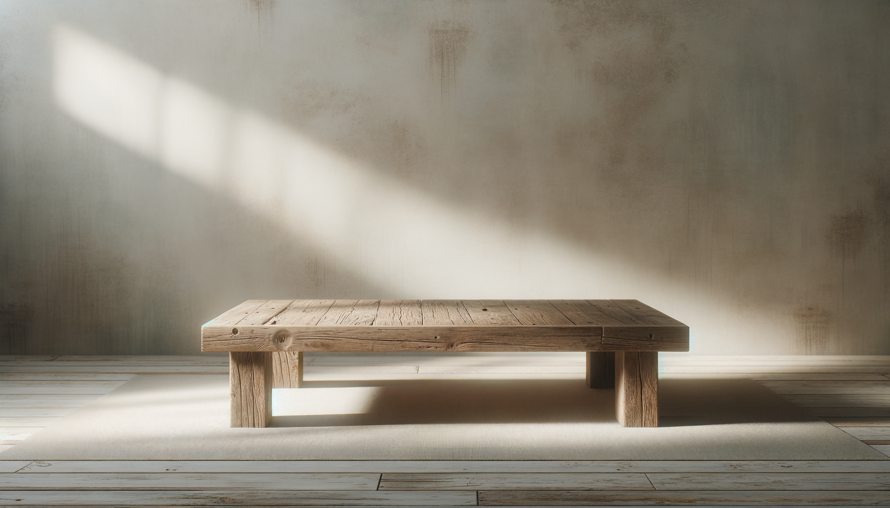 Empty wooden bench on a beige rug with sunlight and shadow patterns on the wall and floor.