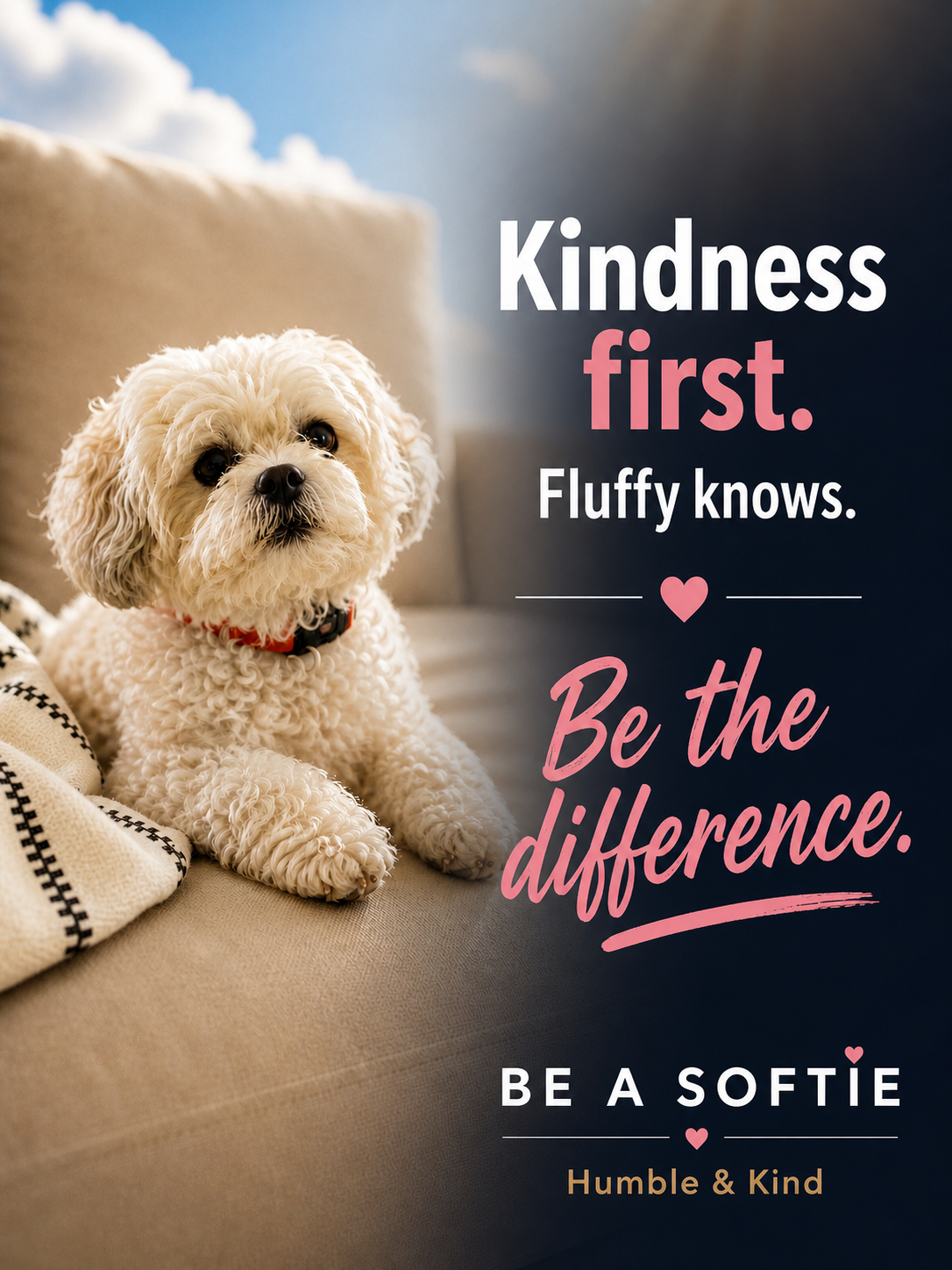 A cute white curly-haired dog sitting on a beige sofa next to a cream and black patterned pillow with a social message about kindness and softness.