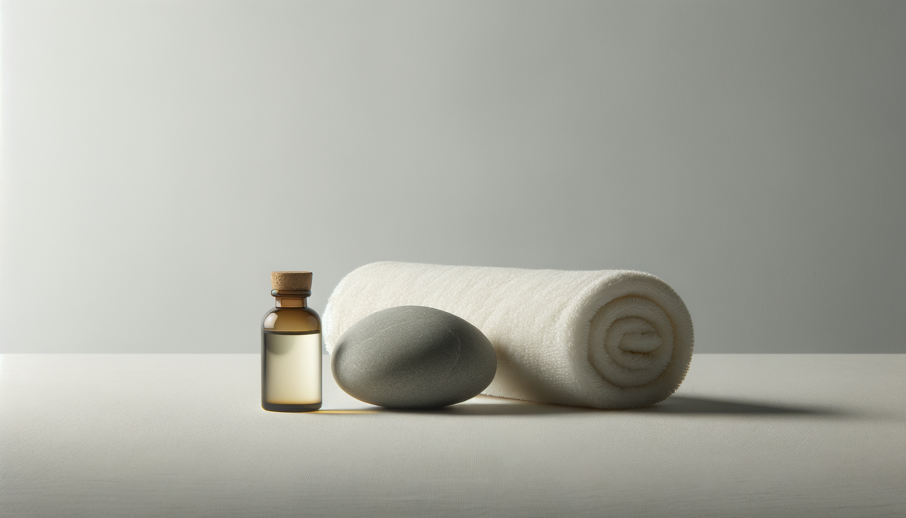 A small amber glass bottle with a cork stopper, a smooth gray stone, and a rolled white towel on a light surface against a gray background.