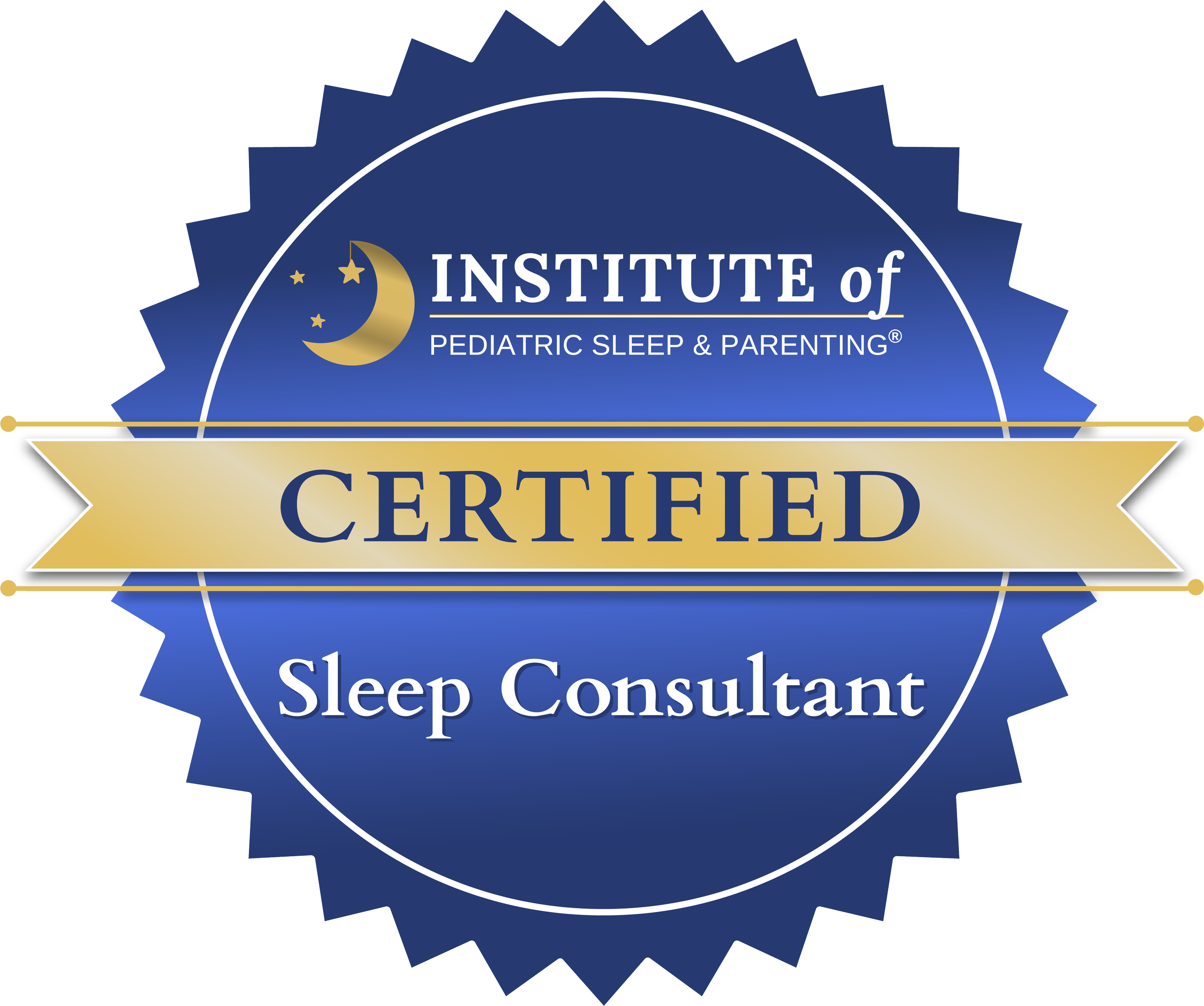 Blue badge with white text reading "Institute of Pediatric Sleep & Parenting," with a yellow banner saying "Certified" and a small moon and stars icon.