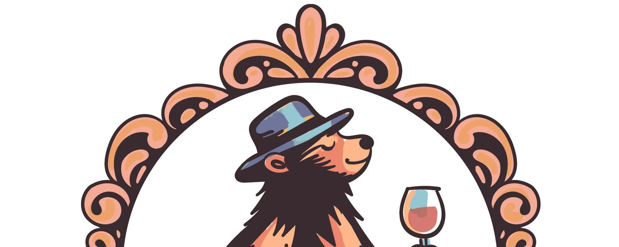 An image of Waynesville First Fridays' mascot, Wayne the Bear, on a cream-colored background with floral accent. Wayne is smiling with eyes closed, a content look on his face. He is holding a glass of red wine and wearing a blue bowler-style hat.
