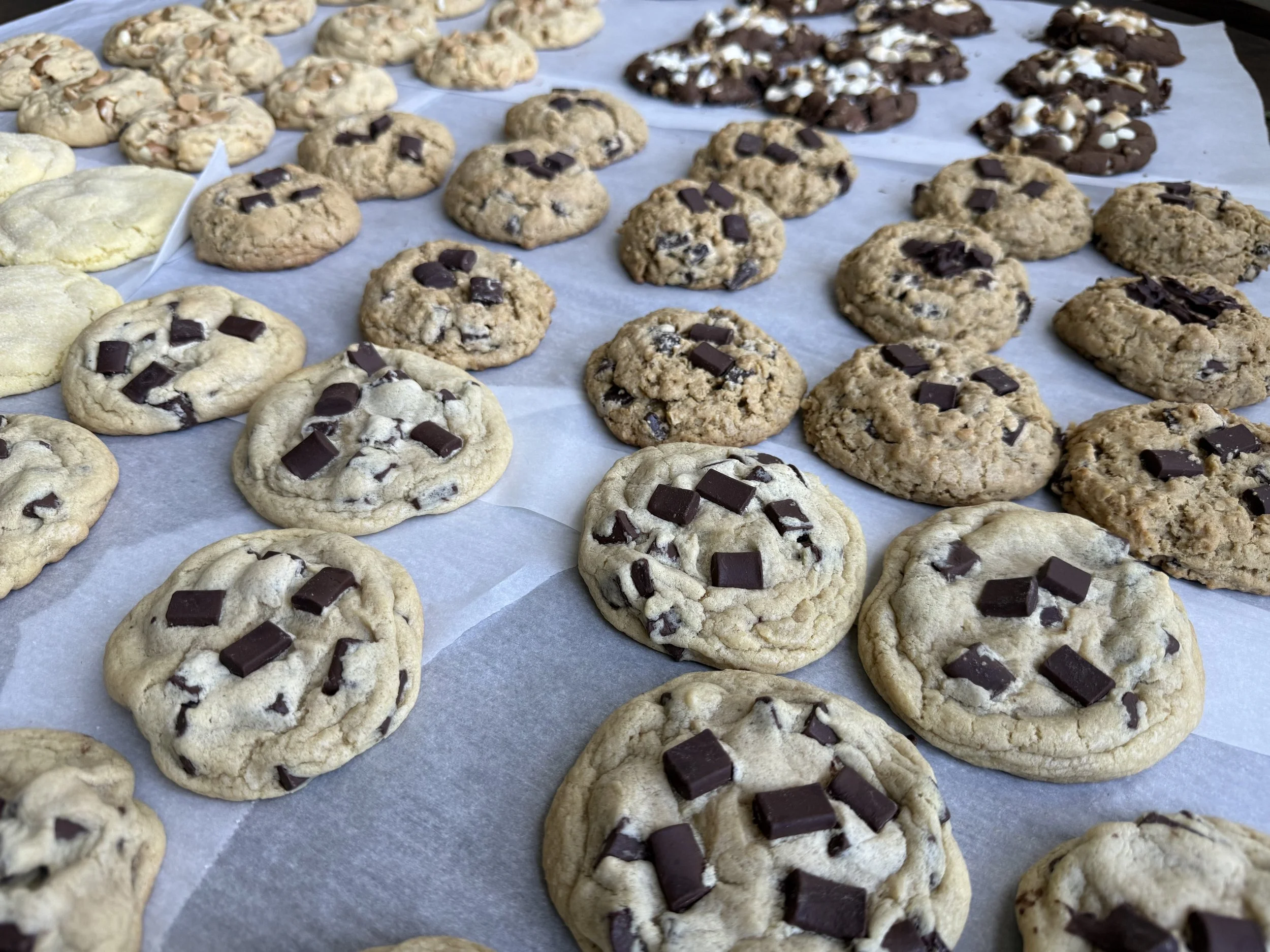 Assorted cookies baking on parchment paper, including chocolate chip cookies and cookies with chocolate chunks, in a oven or on a tray.