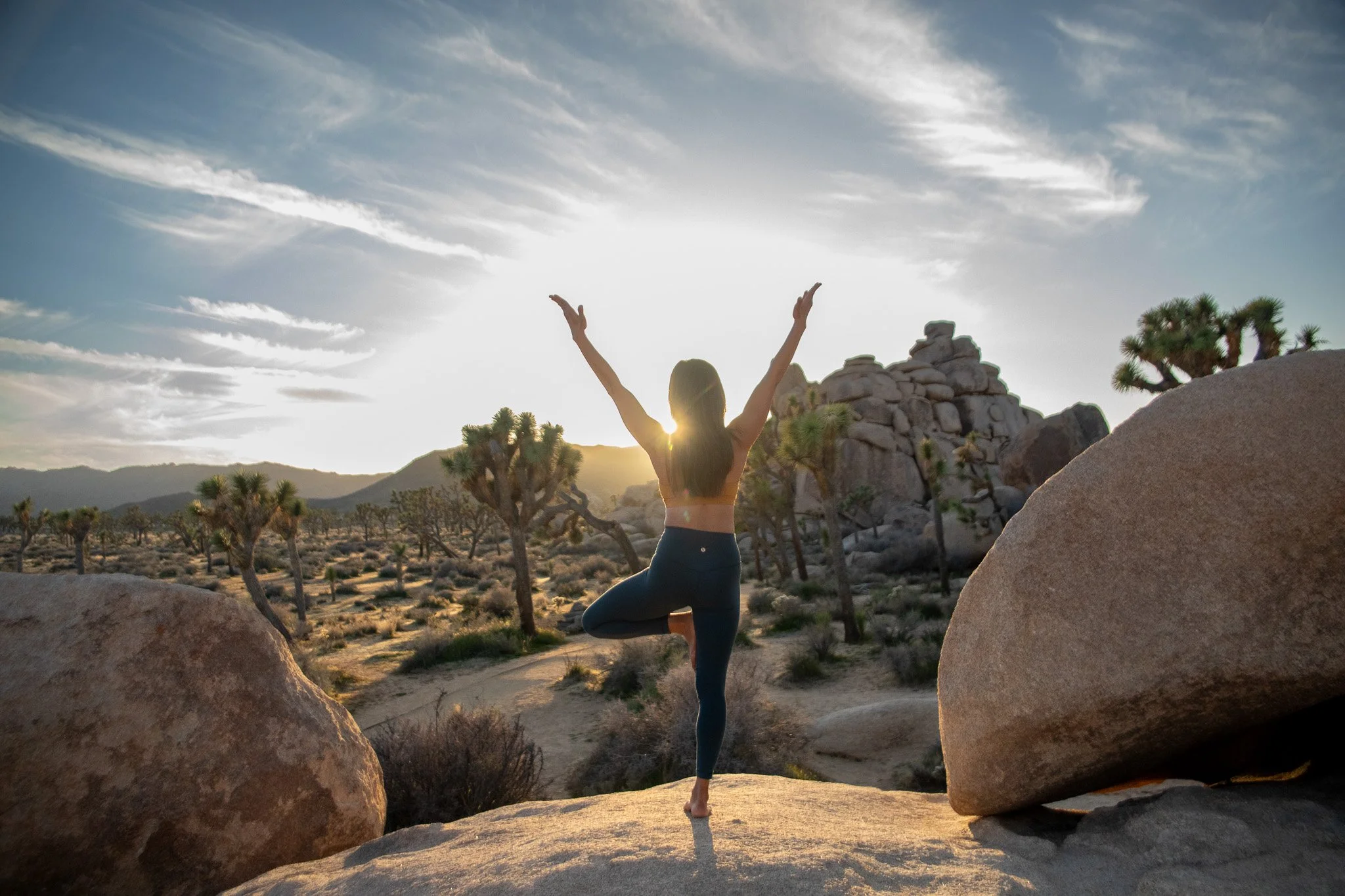 Orange County Yoga teacher grounded in tree pose outdoors standing with balance, strength, and mindfulness.