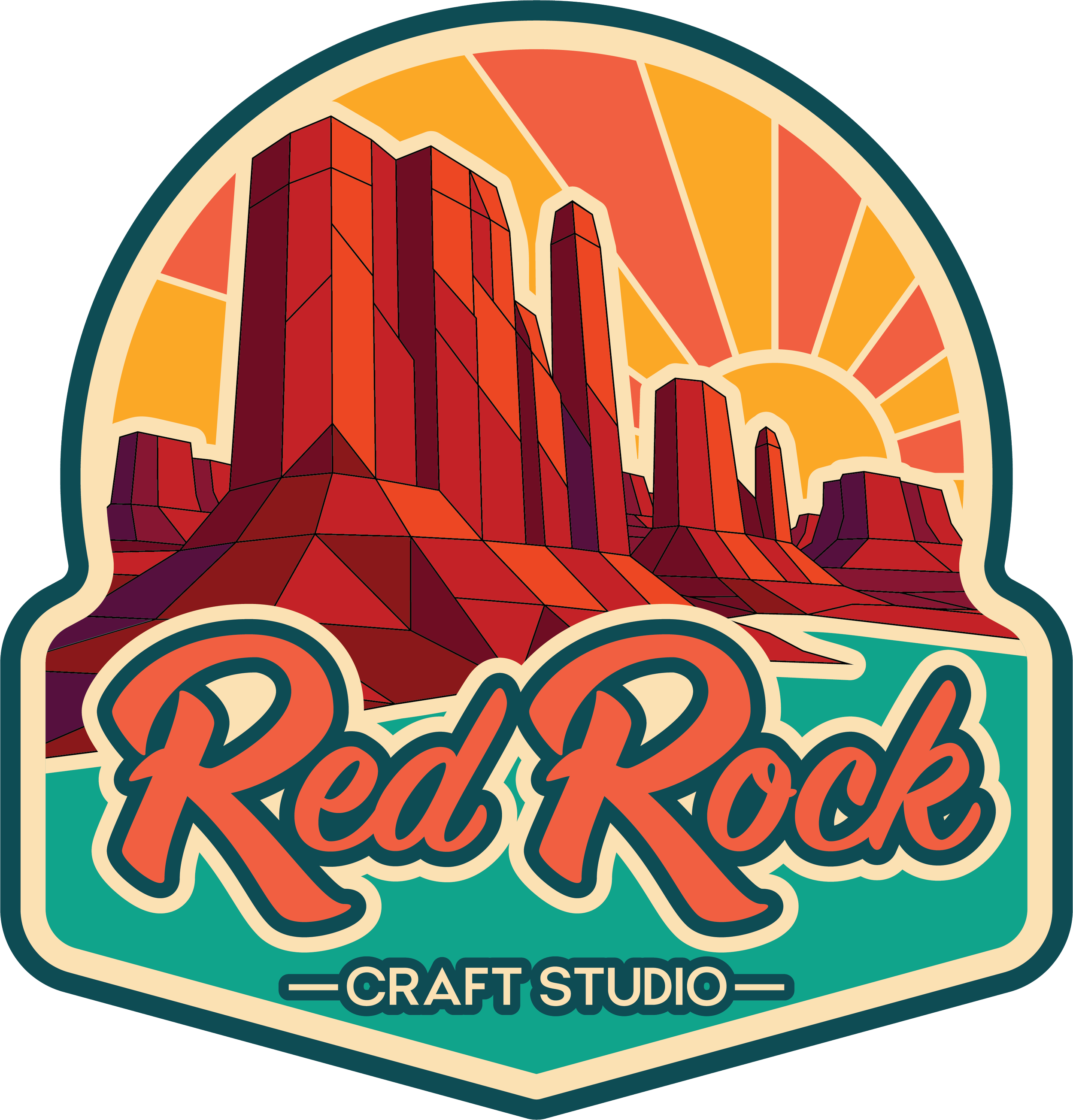 Colorful logo for Red Rock Craft Studio featuring a stylized desert landscape with red rocks and the sun, with the studio name written in bold orange and white letters.