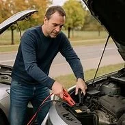 A man using a red tool to check under the hood of a car.