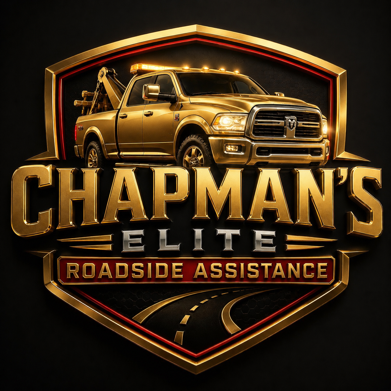 Gold truck with roadside assistance text and emblem with a road, indicating roadside support services.