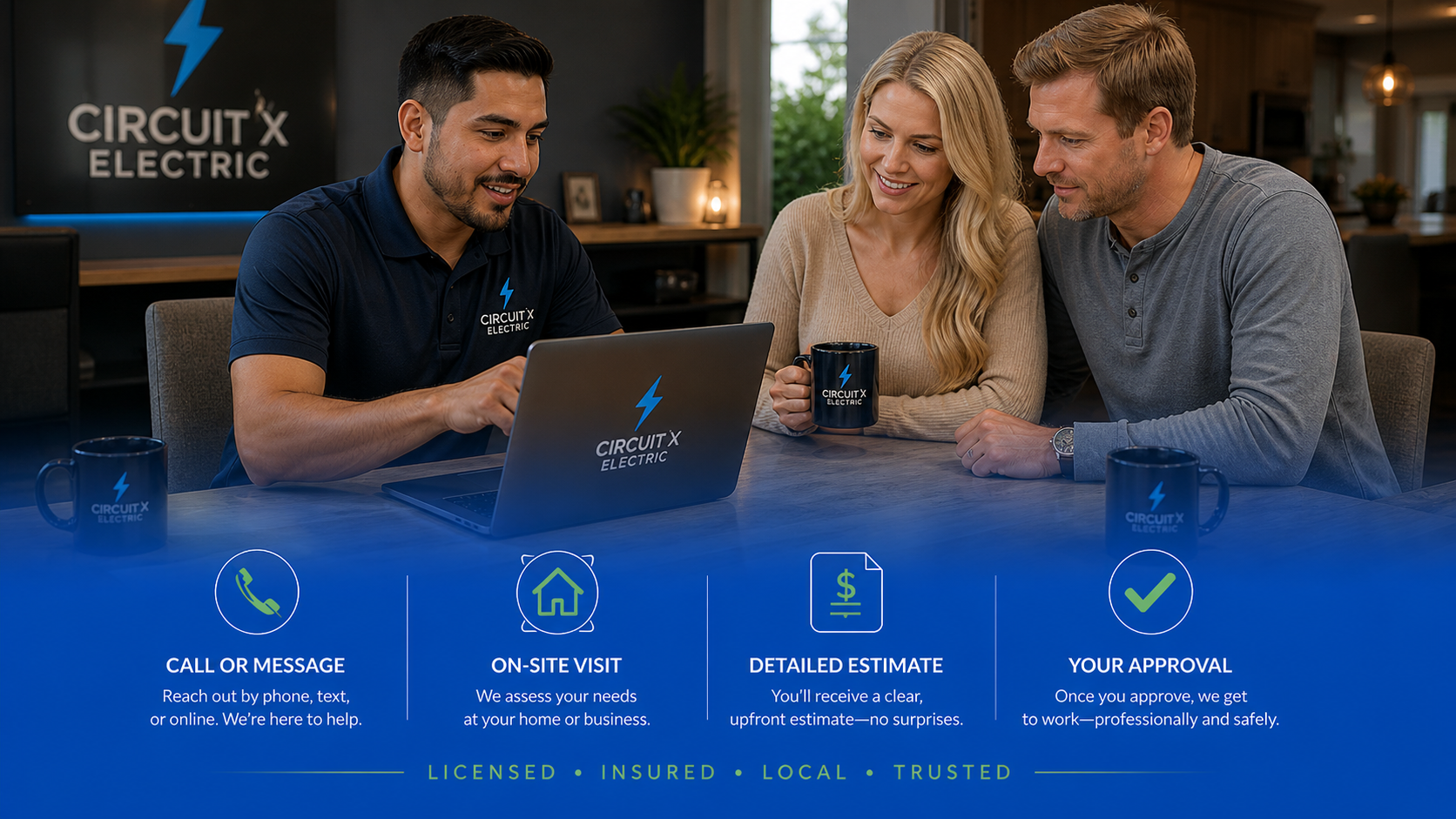 An example of Circuit X Electric providing residential electrical consultation and project estimates with a focus on professionalism, safety, and customer trust.
