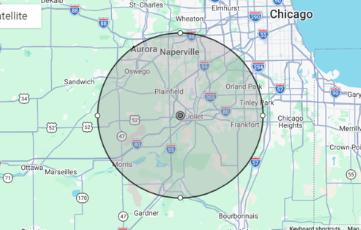 Circuit X Electric service area map showing residential electrical services throughout Joliet, Chicago suburbs, and surrounding Illinois communities.