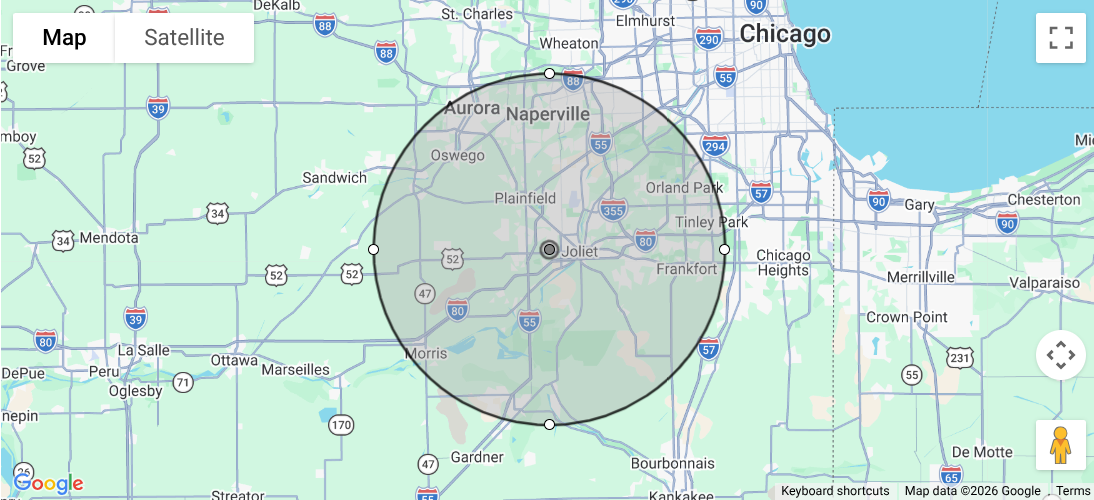 Residential electrician service area map covering Joliet, IL and surrounding Chicagoland suburbs within a 20-mile radius.
