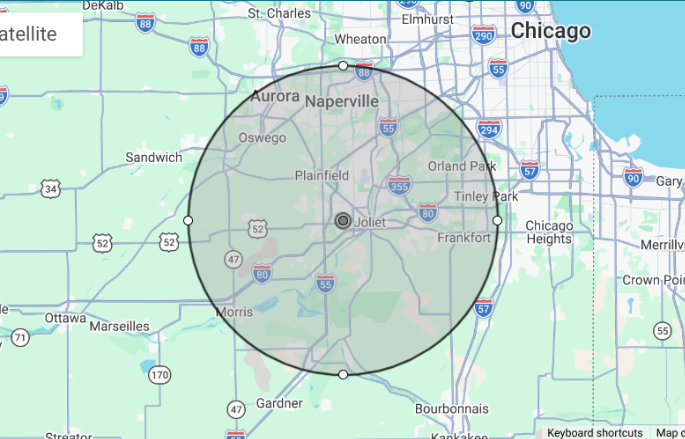 Circuit X Electric residential electrical service area map covering Joliet, Chicago suburbs, and surrounding Illinois communities.